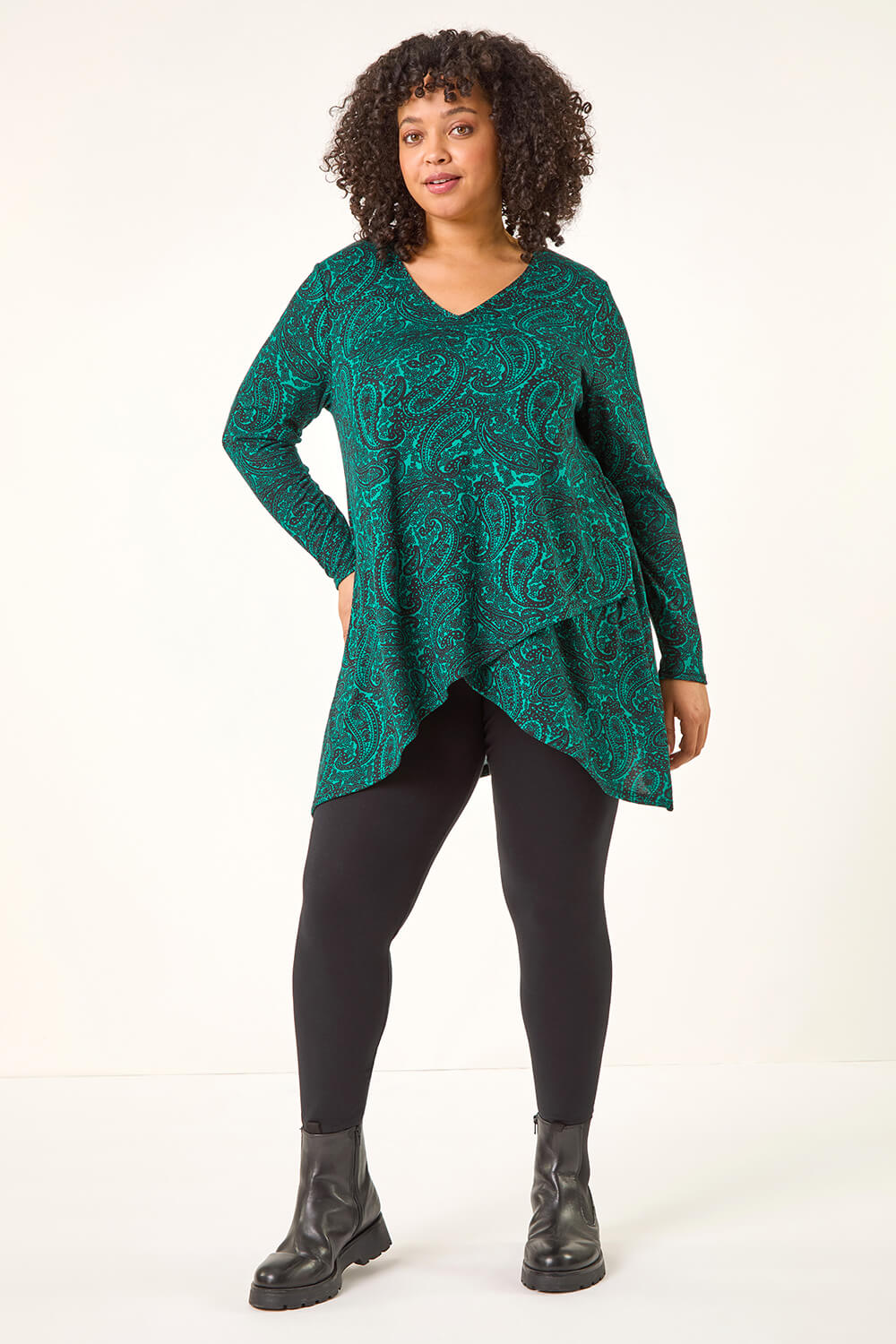 Green Curve Paisley Print V-Neck Stretch Top, Image 3 of 5