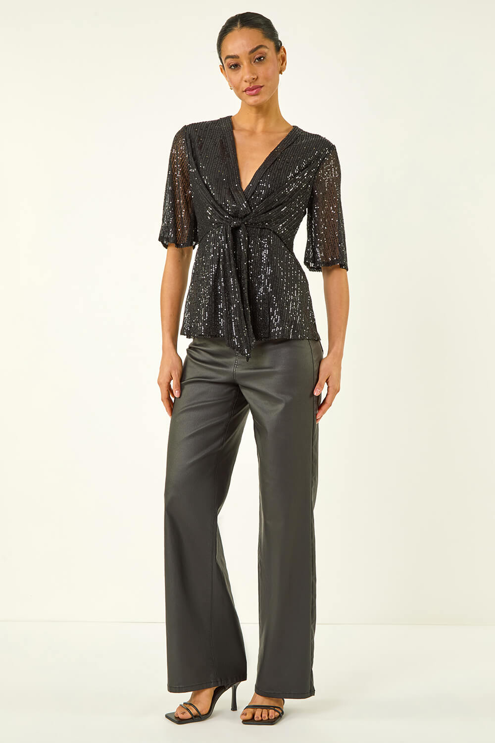 Black Dusk Sequin Tie Front V-Neck Stretch Top, Image 3 of 5
