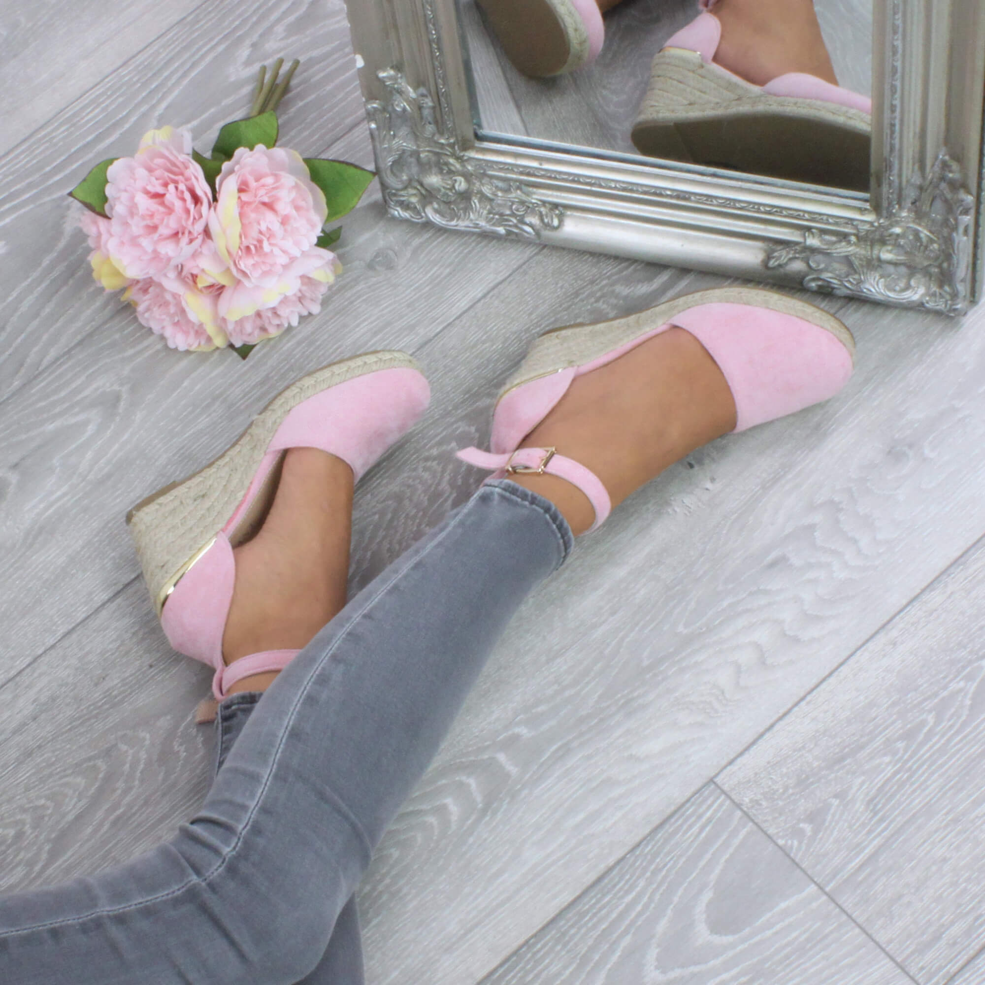 Light Pink AJVANI Light Pink Mid Wedge Heel Ankle Strap Espadrille Sandals, Image 5 of 6