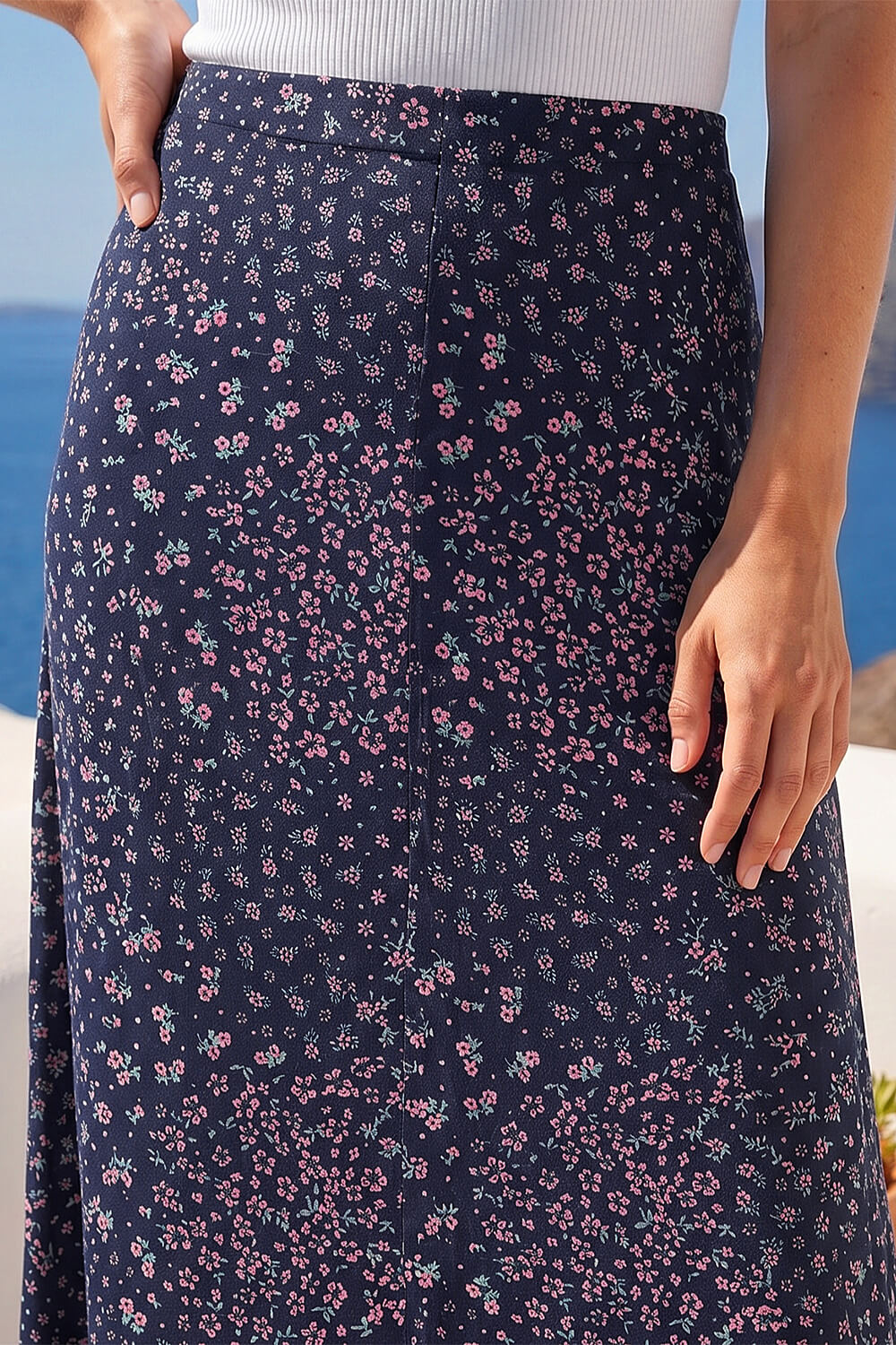 Navy Linear Floral Print Stretch Midi Skirt, Image 5 of 4