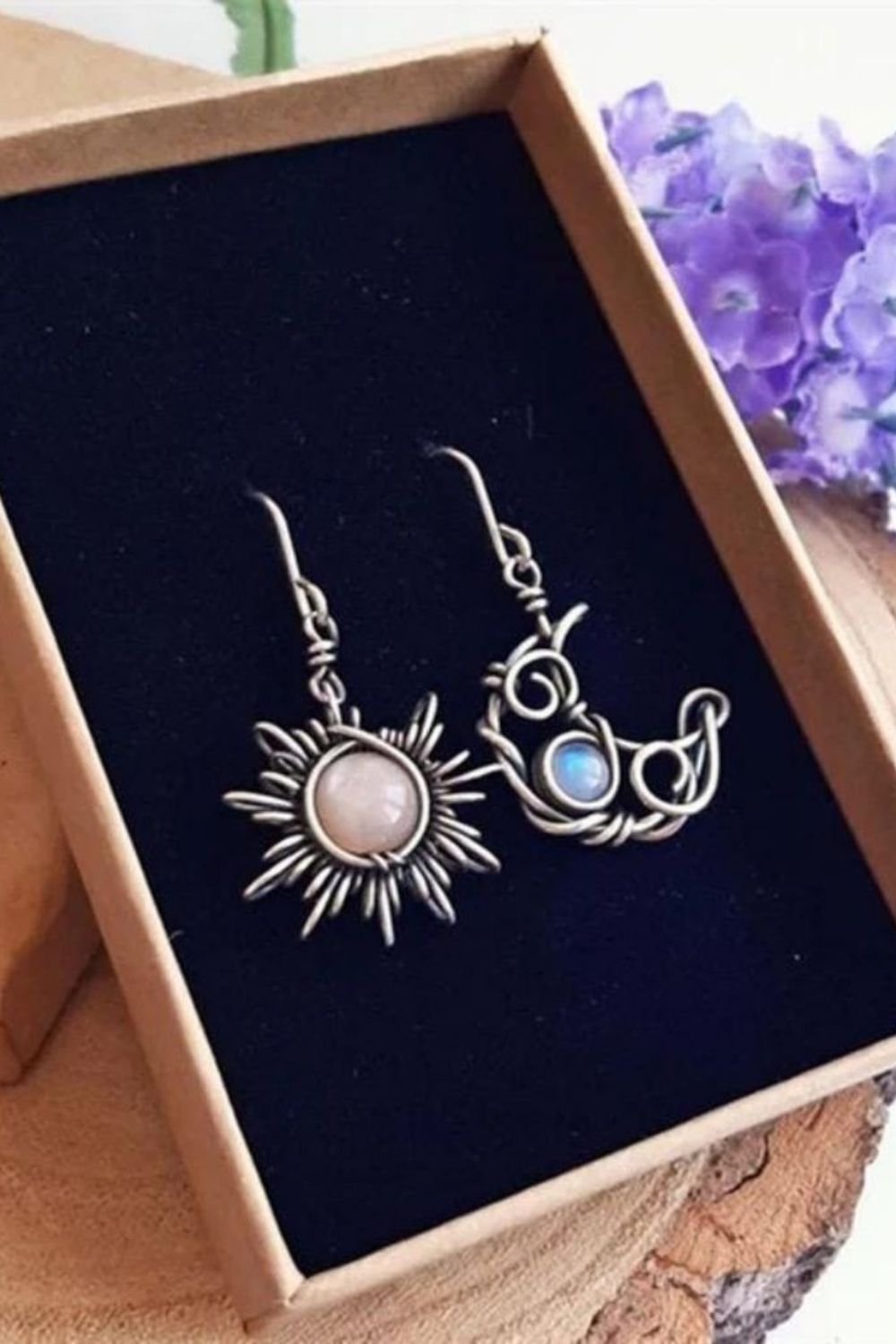 Silver The Colourful Aura Silver Sun and Half Moon Moonstone Wire-Wrapped Boho Dangle Hook Earrings, Image 4 of 4