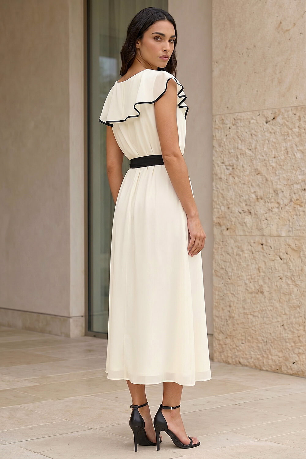 Ivory Frill Contrast Tipped Midi Dress, Image 4 of 4