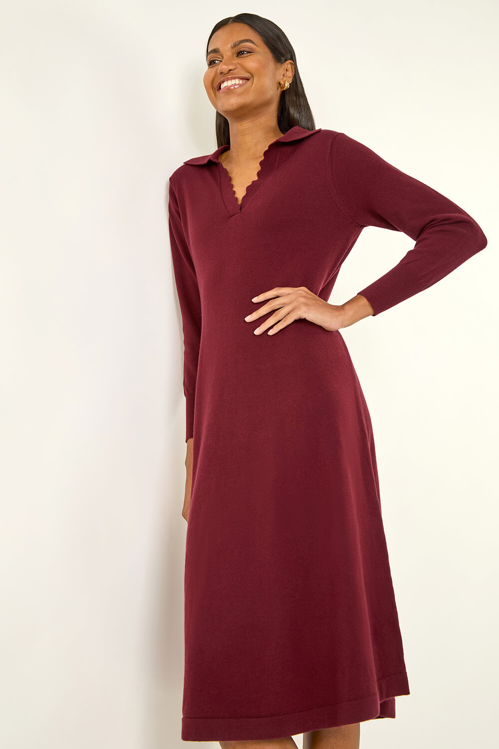 Wine Scallop Detail Knitted Midi Dress, Image 1 of 5