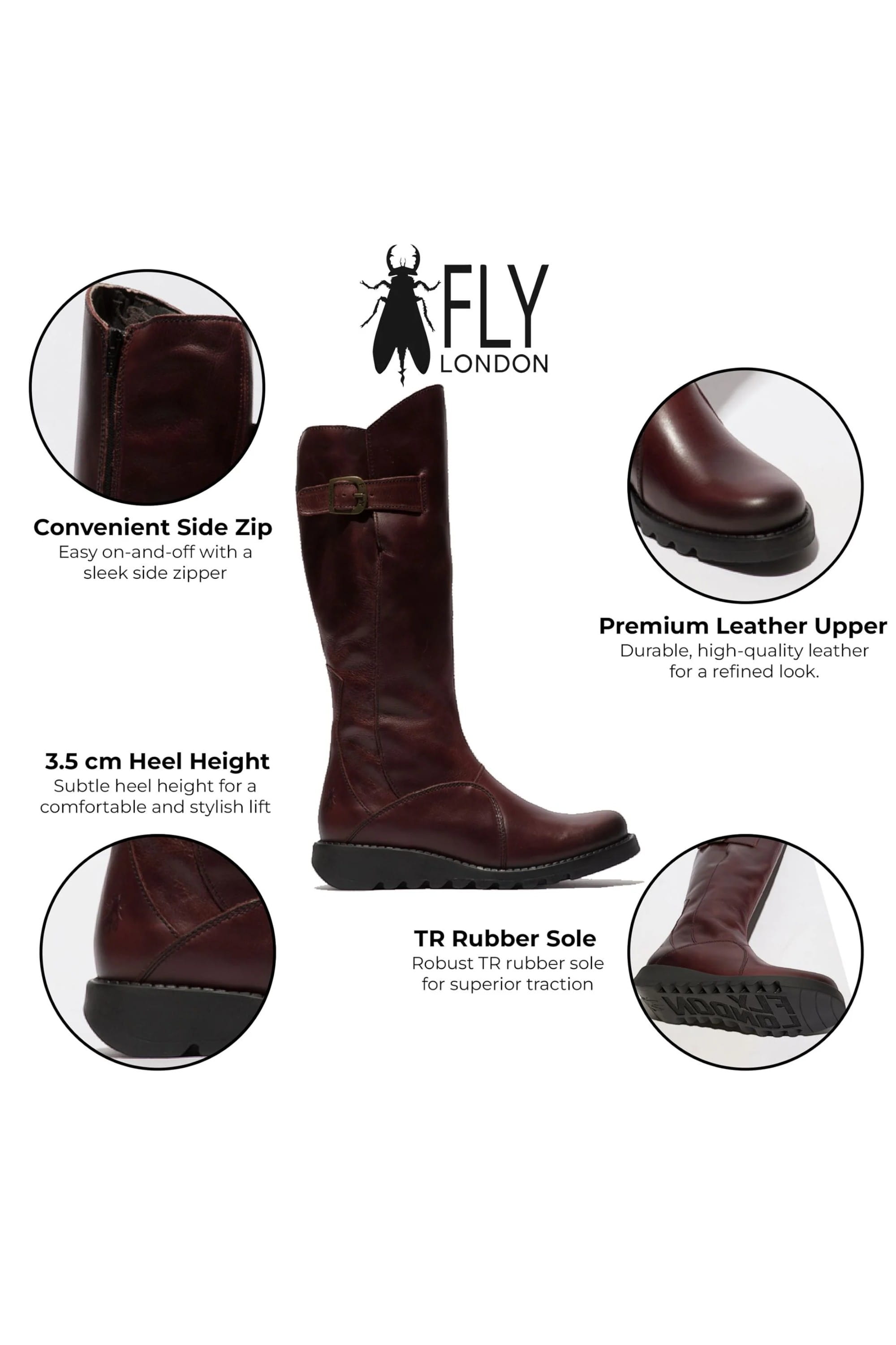 Red Womens Heel Knee High Zip Up Boots-Mol 2, Image 3 of 5