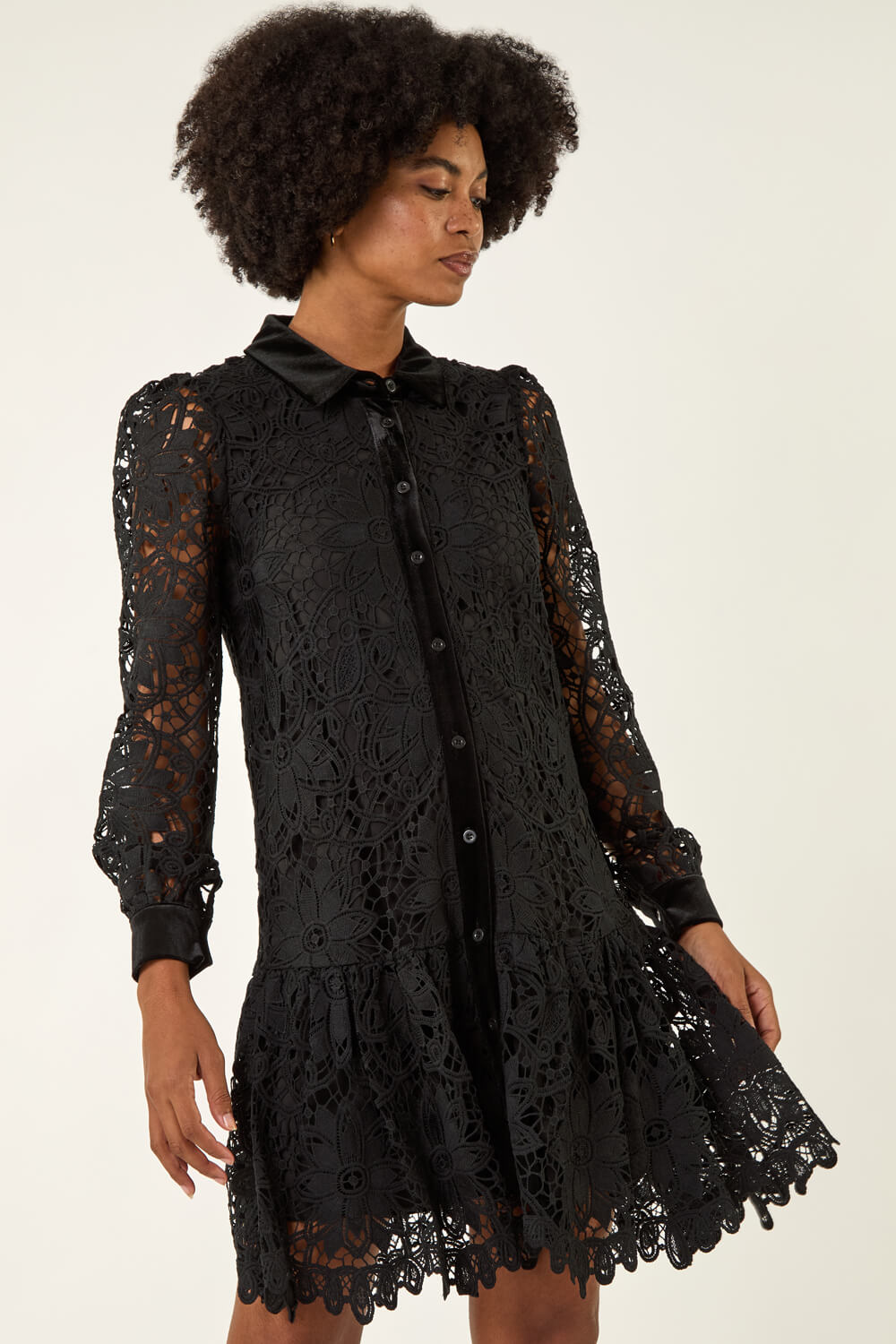 Black Premium Velvet Trim Shirt Dress, Image 3 of 5