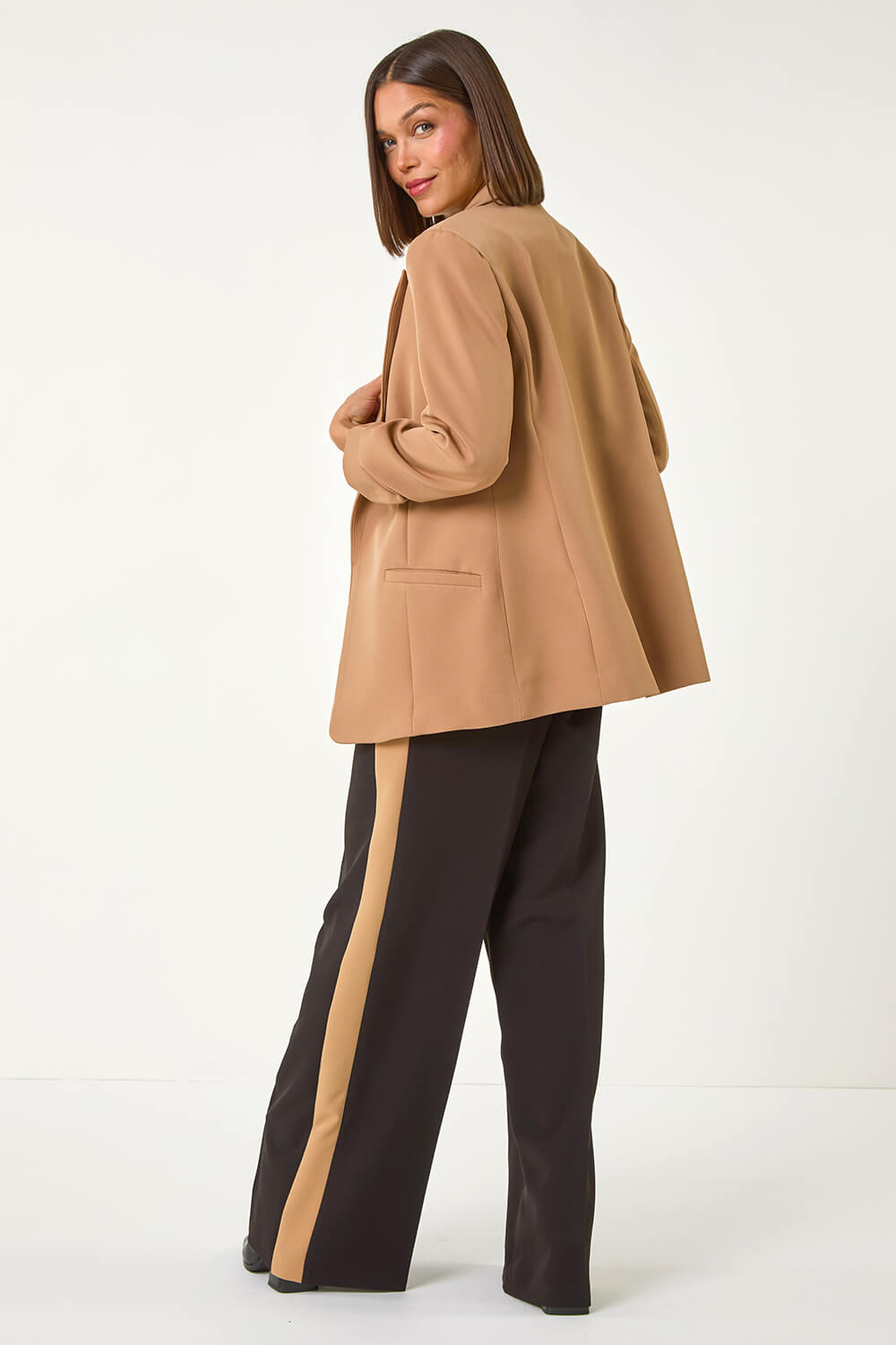 Tan Tailored Ruched Sleeve Stretch Blazer, Image 4 of 7