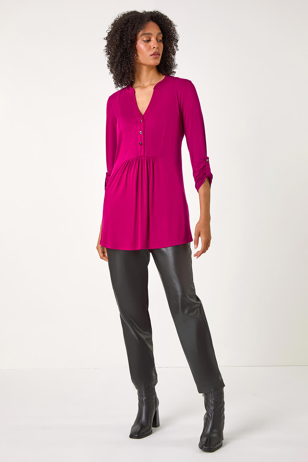 Pink V-Neck Button Detail Tunic Top, Image 3 of 5