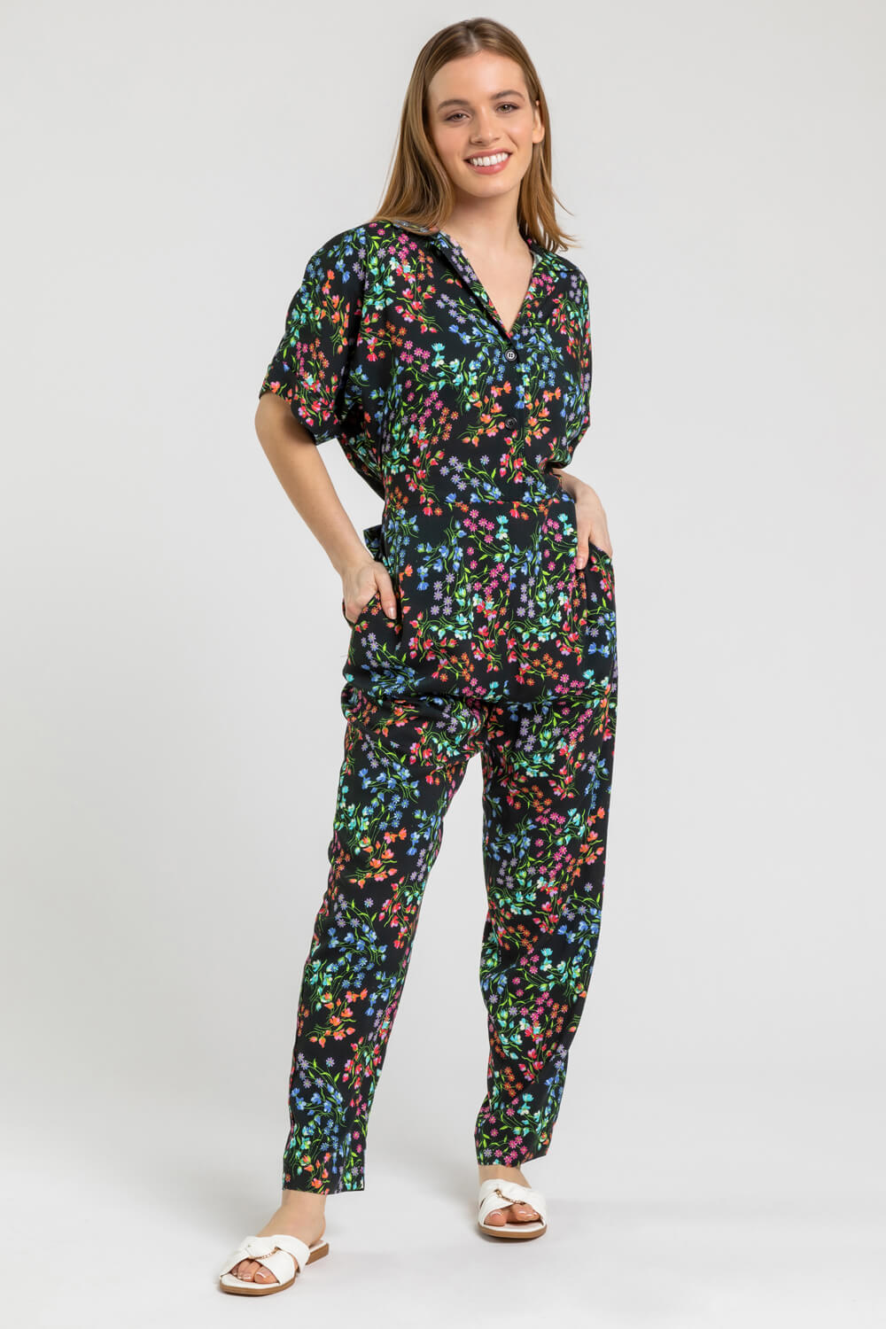 Black Petite Ditsy Floral Collar Jumpsuit, Image 4 of 5
