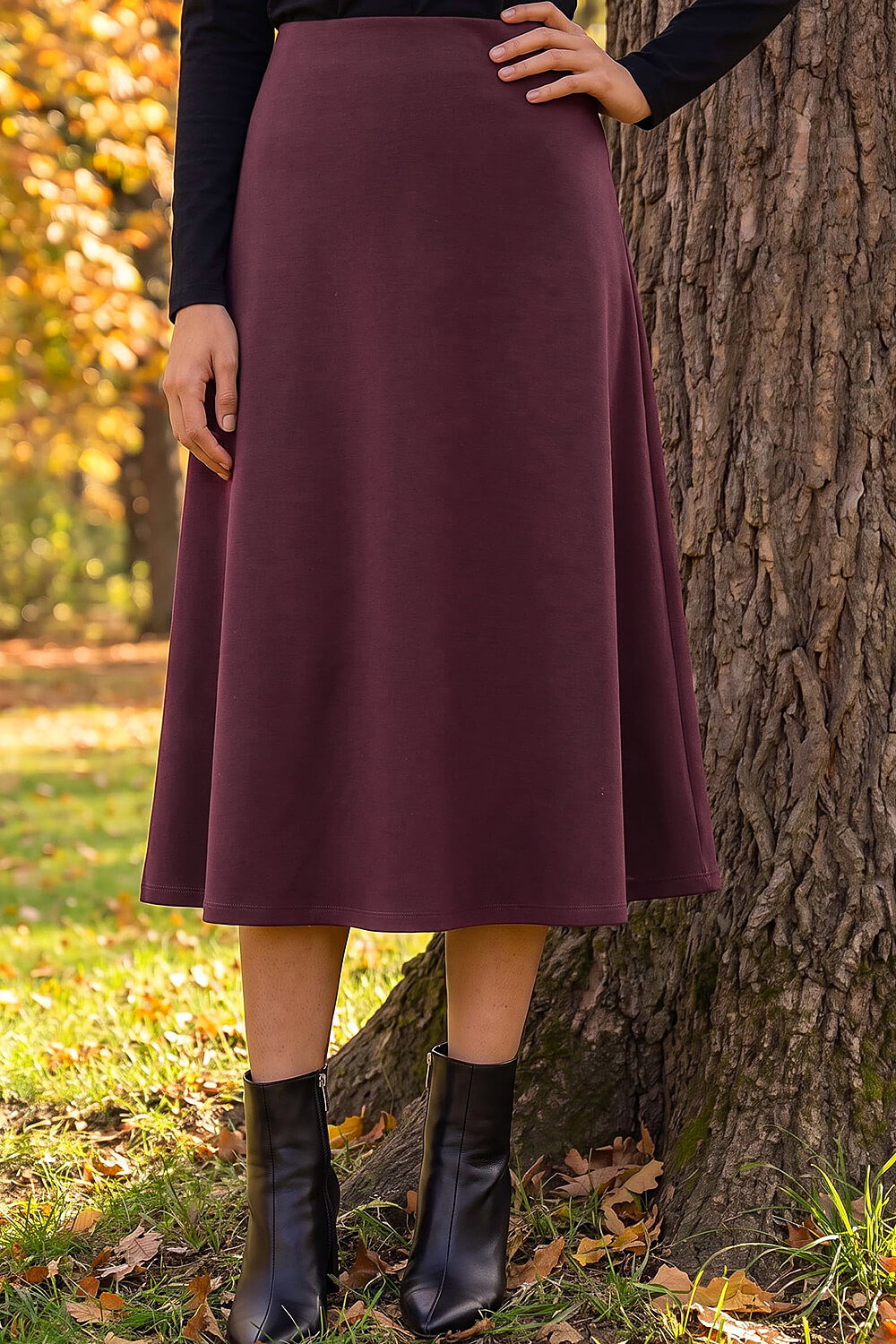 Roman Petite Women's Wine Ponte Stretch Midi Skirt Size 14