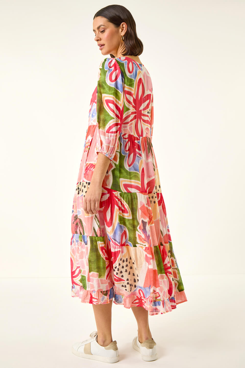 Red Abstract Print Tiered Dress, Image 4 of 5