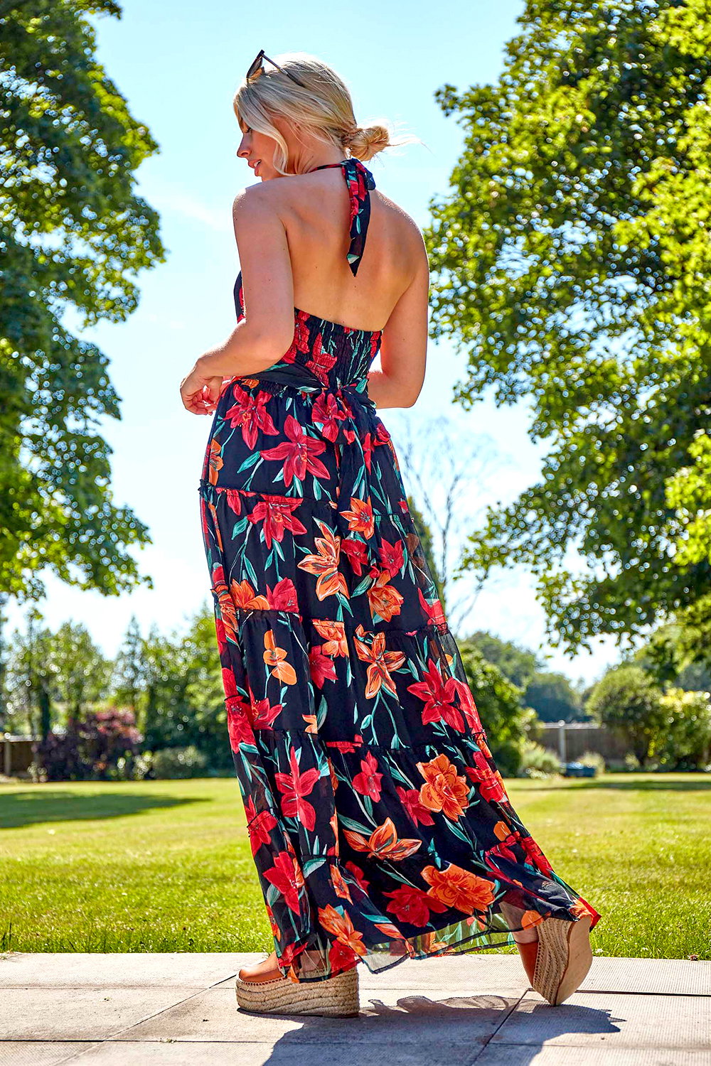 Black Floral Print Halterneck Maxi Dress, Image 4 of 4