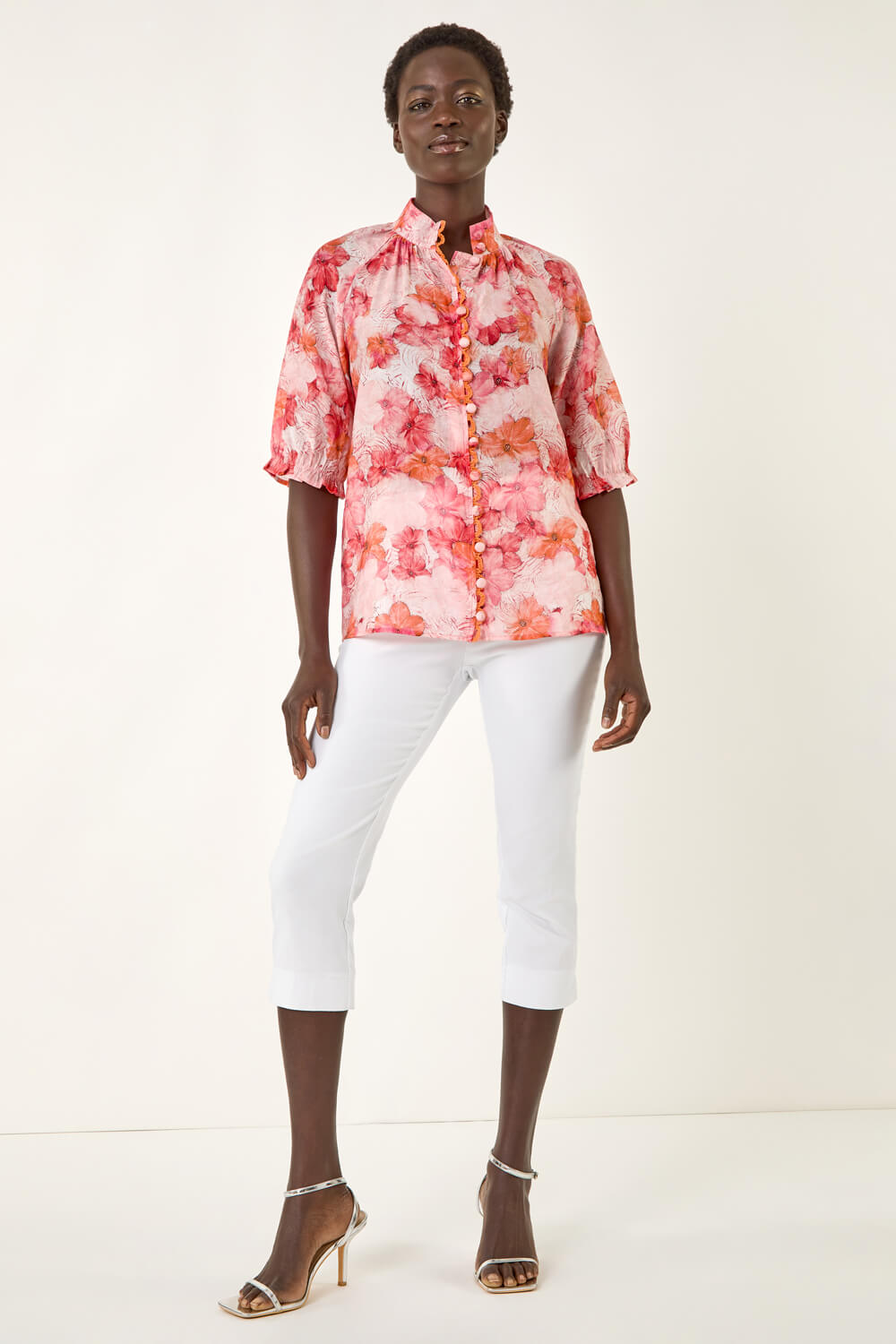CORAL Floral Print Button Up Detail Blouse, Image 3 of 5