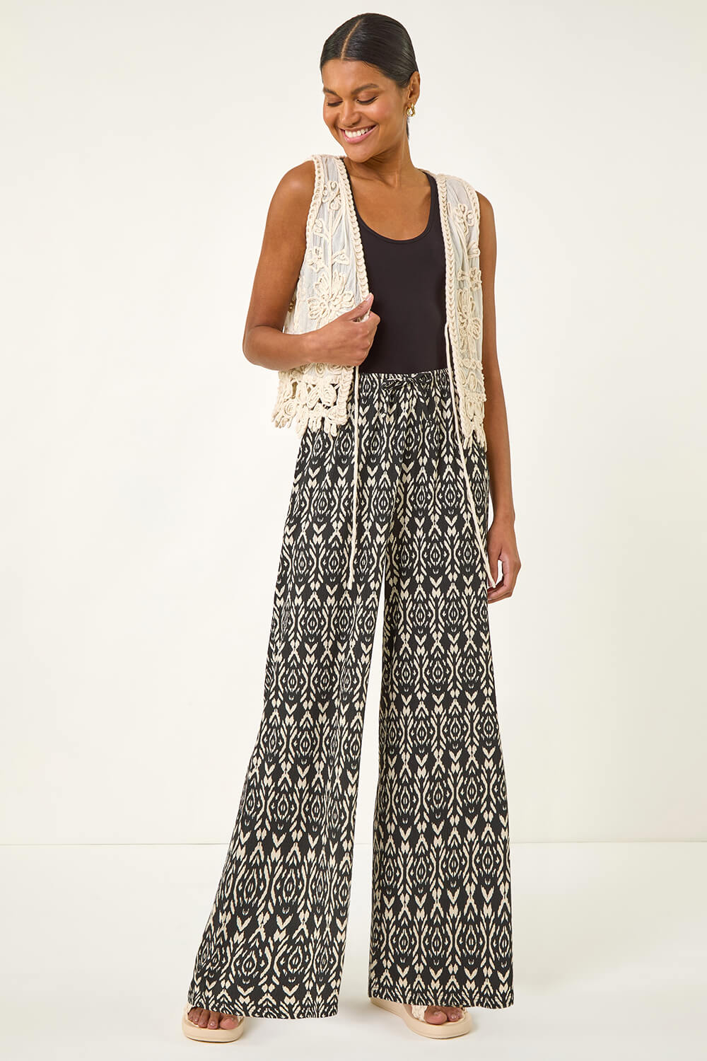 Black Crinkle Print Tie Detail Trousers, Image 3 of 5