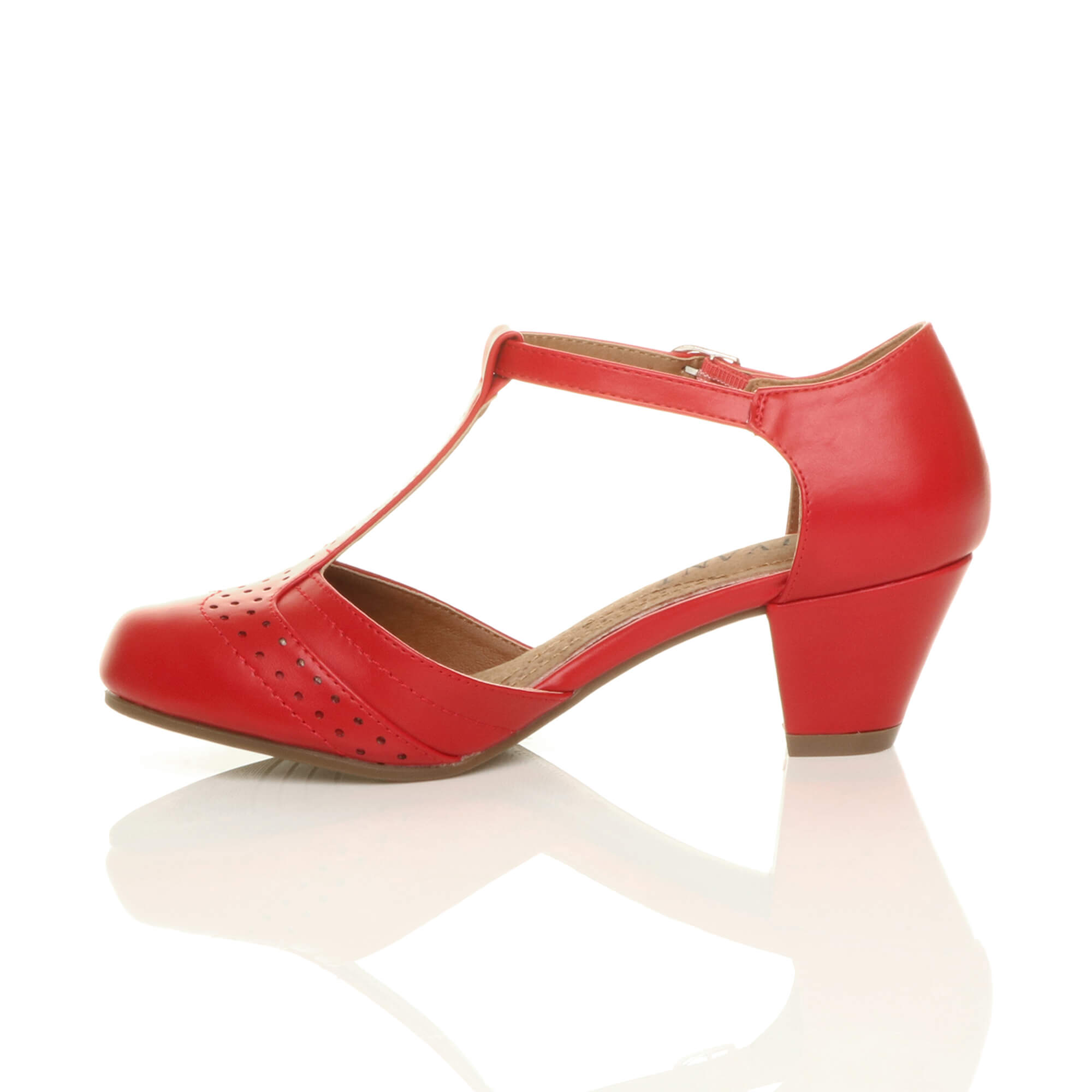 Red Mid Heel Comfort T-Bar Brogue Heels, Image 3 of 6