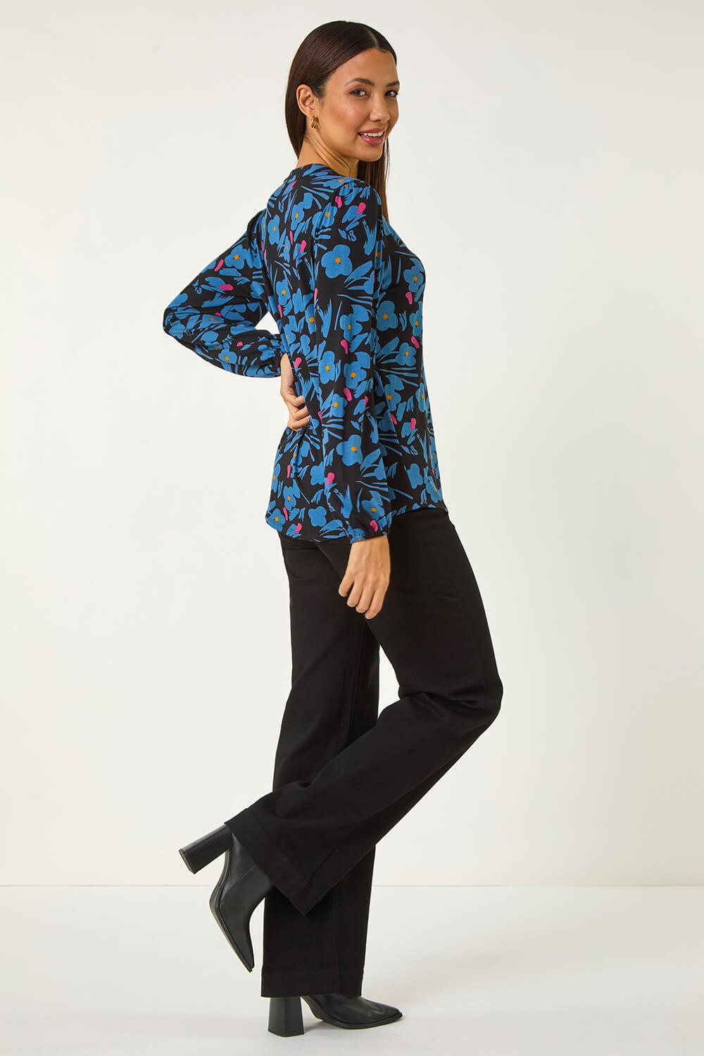 Black Print Tie Neck Stretch Top, Image 4 of 5