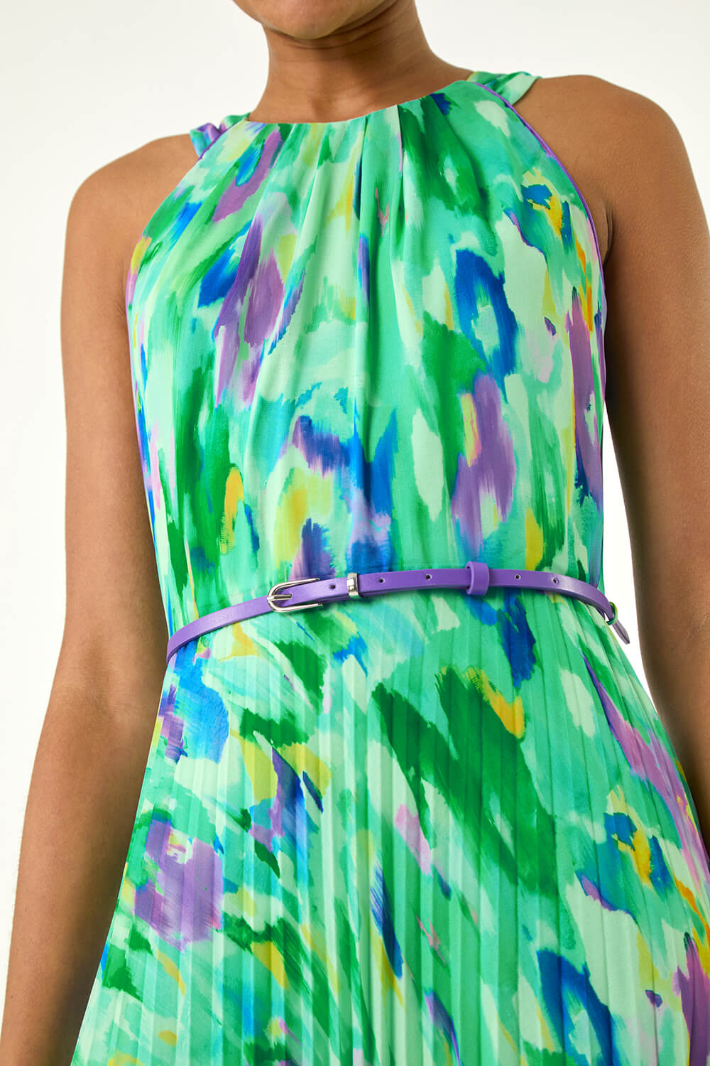Green Blurred Print Pleated Maxi Dress, Image 6 of 5
