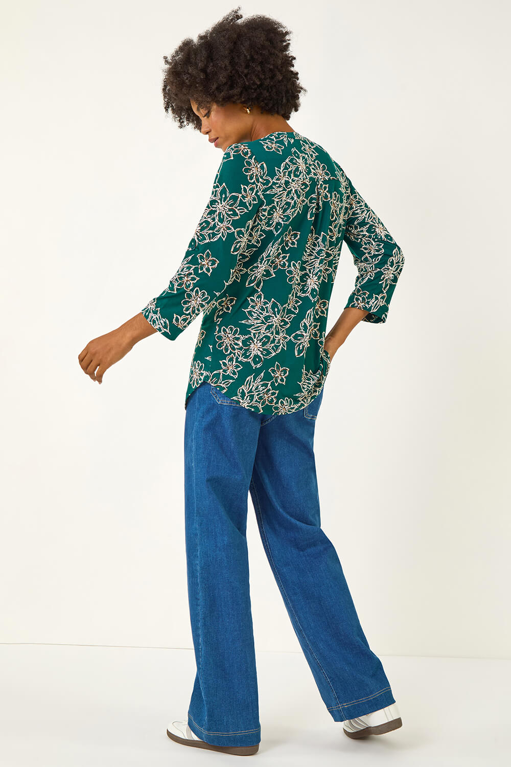 Teal Floral Puff Print Stretch Top, Image 4 of 5