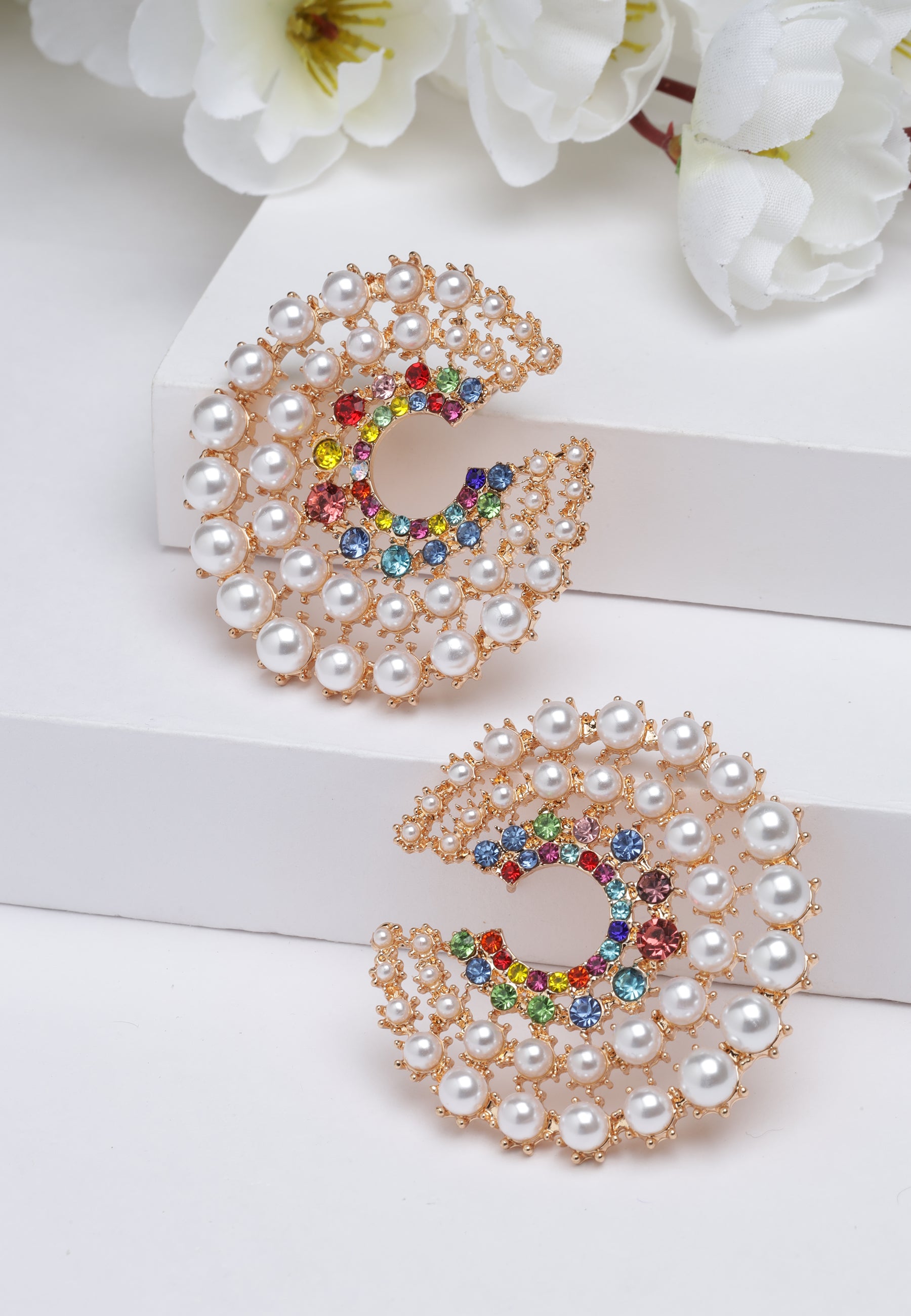 White Pearl Swirl Hoop Earrings, Image 2 of 5