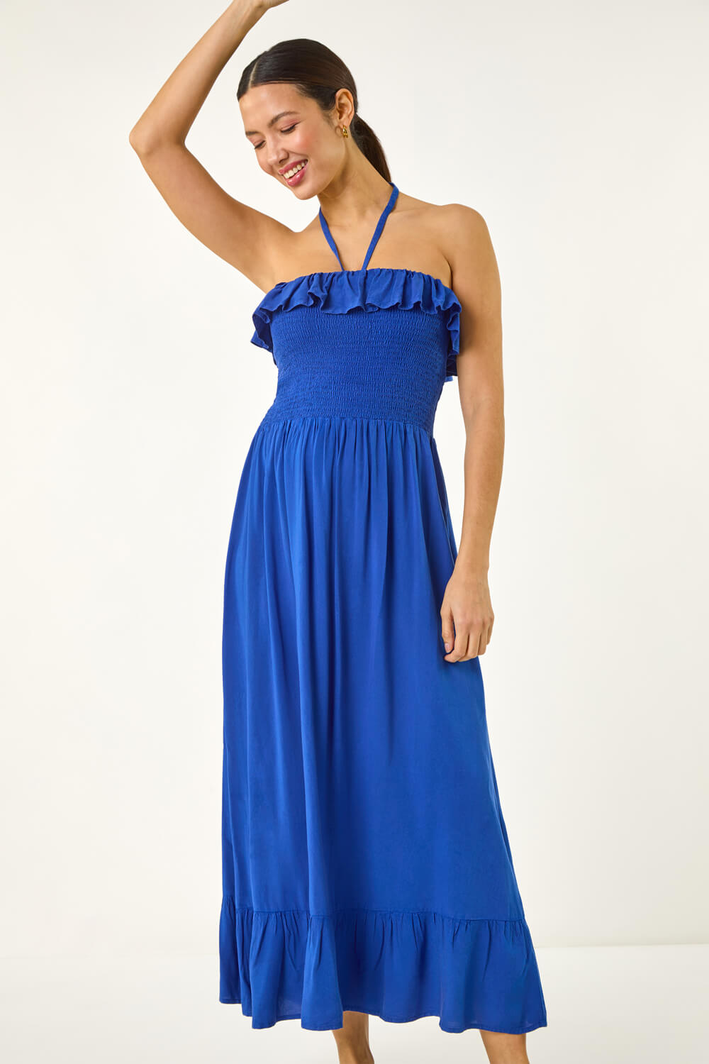 Flynn Frill Strap Shirred Bust Dress Steel Blue
