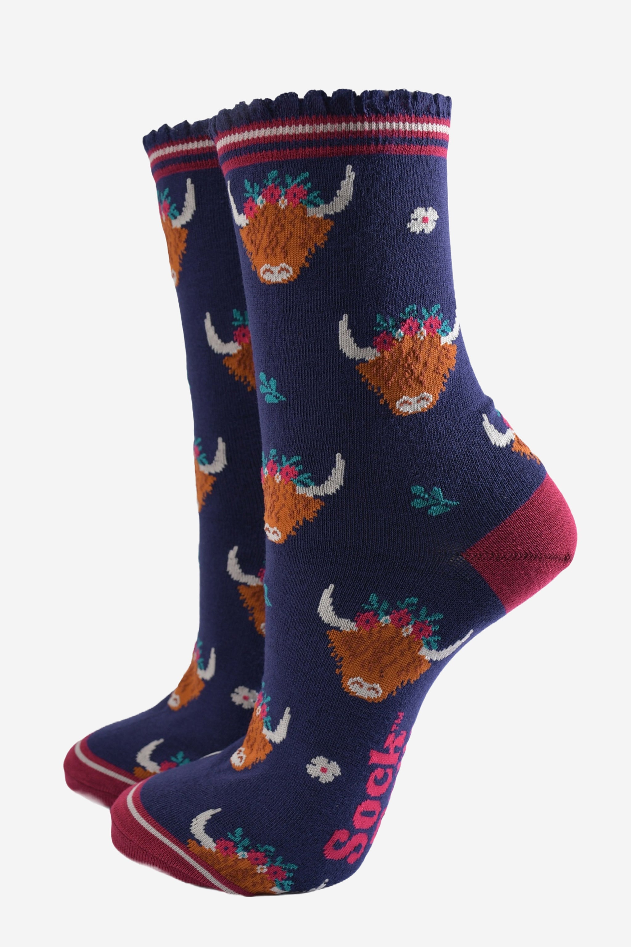 Blue Winter Highland Cow Bamboo Socks, Image 1 of 5