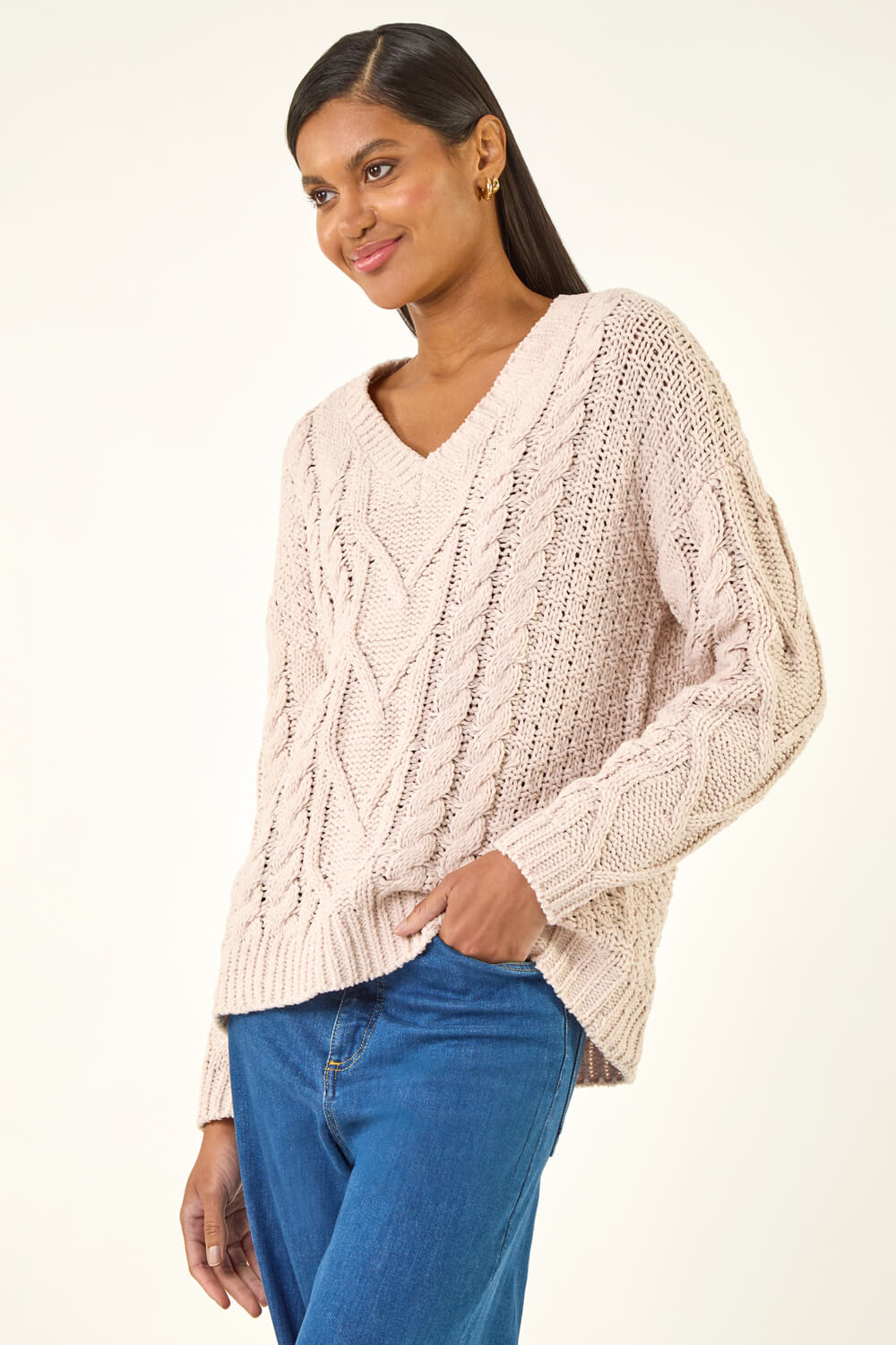 Stone V-Neck Cable Knit Jumper, Image 5 of 5