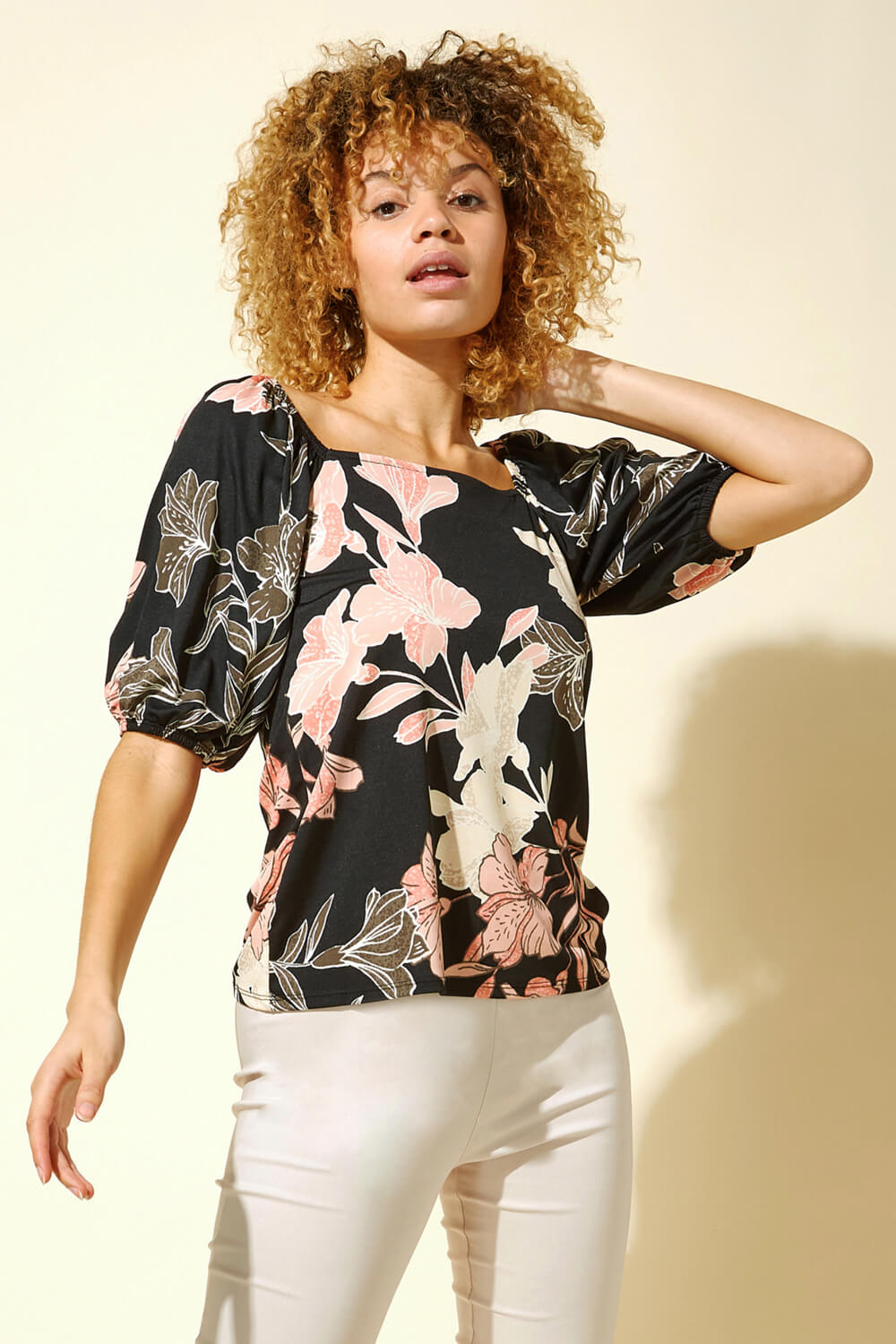 Black Floral Lily Print Square Neck Top, Image 1 of 4