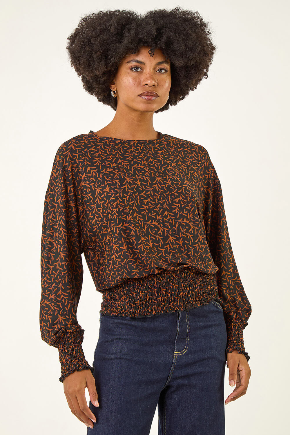 Black Abstract Print Shirred Top, Image 3 of 5