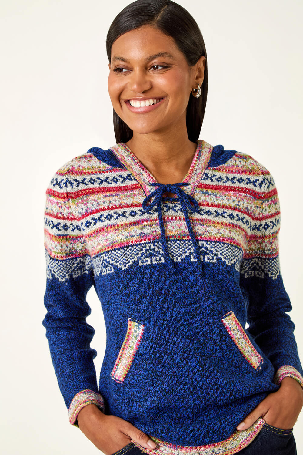 Roman Women's Navy Nordic Print Hooded Jumper Size 14