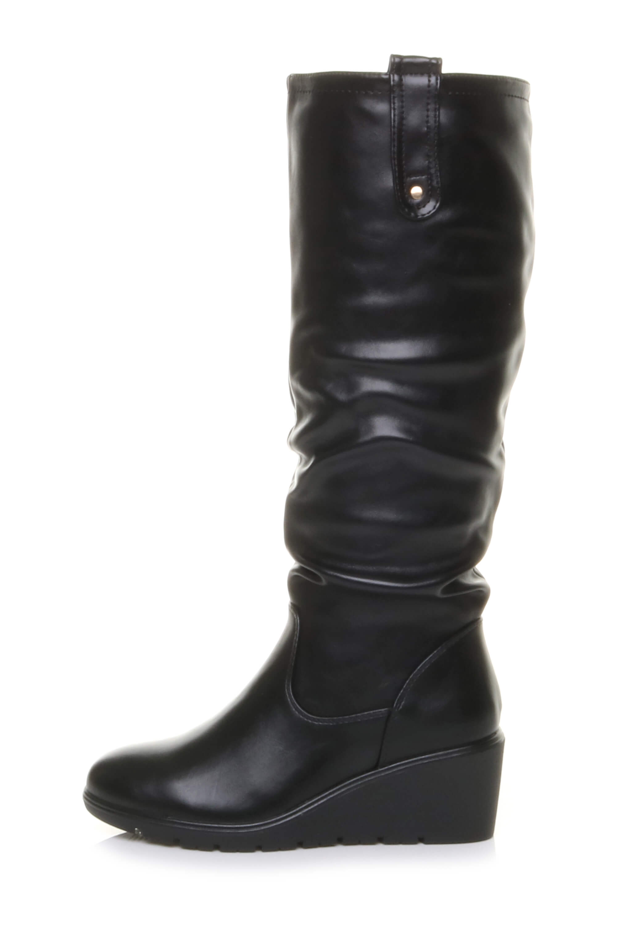Black Mid Wedge Heel Slouch Knee High Calf Boots, Image 2 of 4