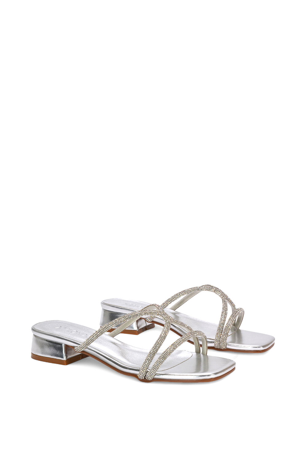 Silver XY LONDON Silver 'Olivia' Strappy Low Block Heel Diamante Sandals With Square Toe, Image 3 of 6