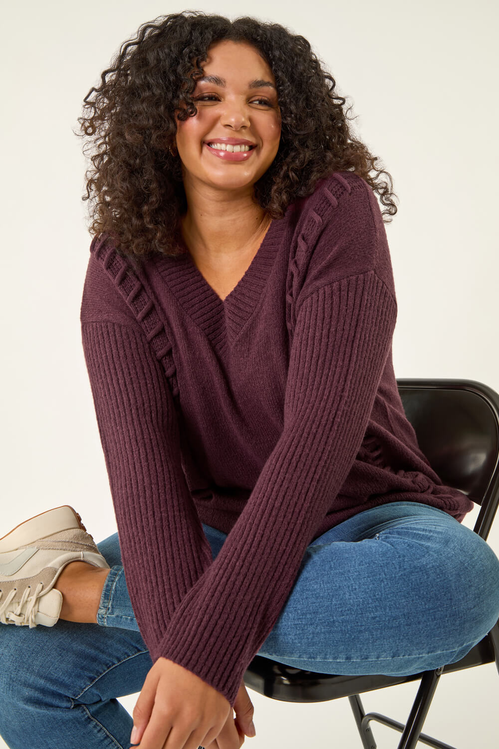 Plum Curve Stitch V-Neck Knit Jumper, Image 3 of 7