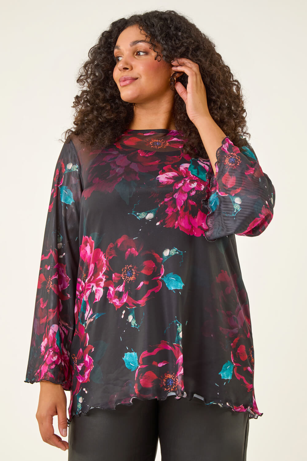 Red Curve Floral Mesh Print Top, Image 6 of 8