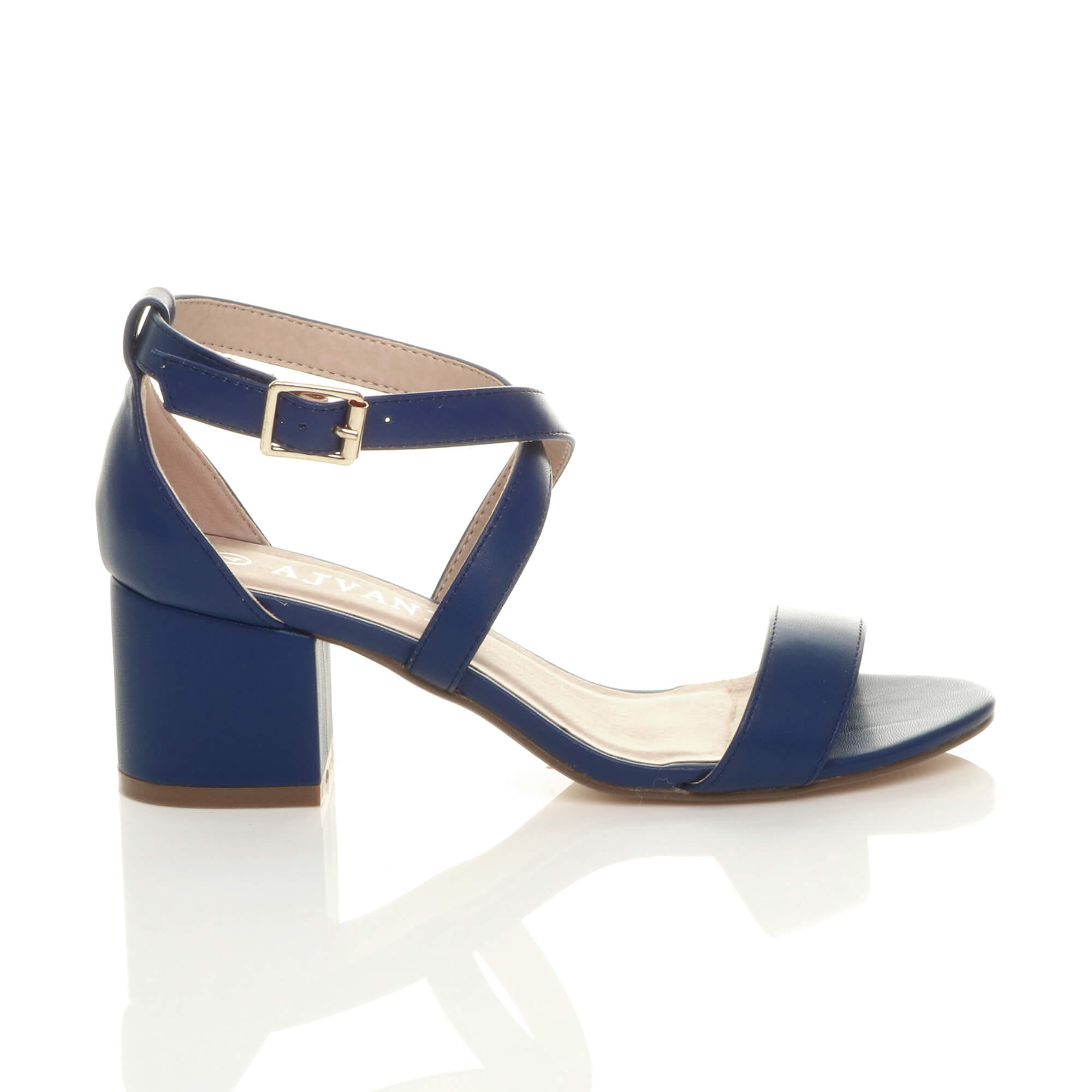 Navy Blue AJVANI Navy Blue Mid Block Heel Crossed Straps Sandals, Image 2 of 6
