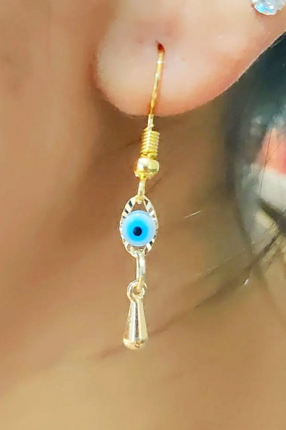 Gold Evil Eye Dangle Earrings Turkish Charm, Image 1 of 6