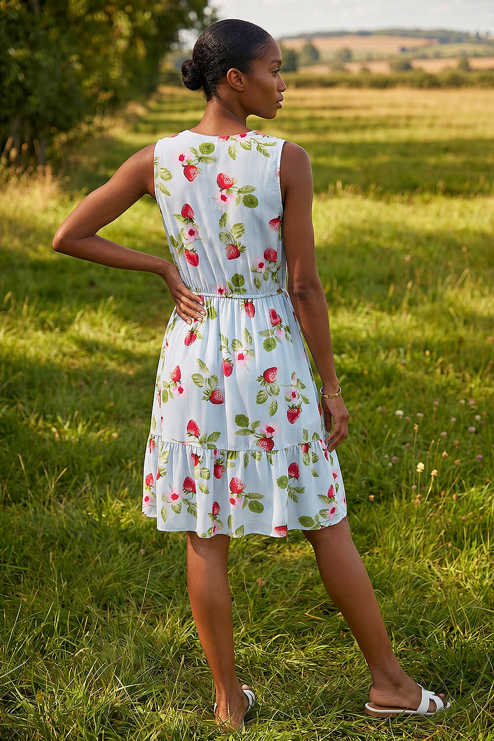 Blue Petite Strawberry Tie Waist Dress, Image 3 of 4