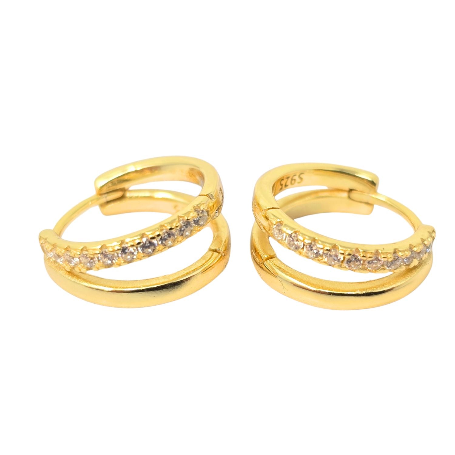 Metallic Diamond April Birthstone Double Hoop Small Huggie Gold Plated Earrings