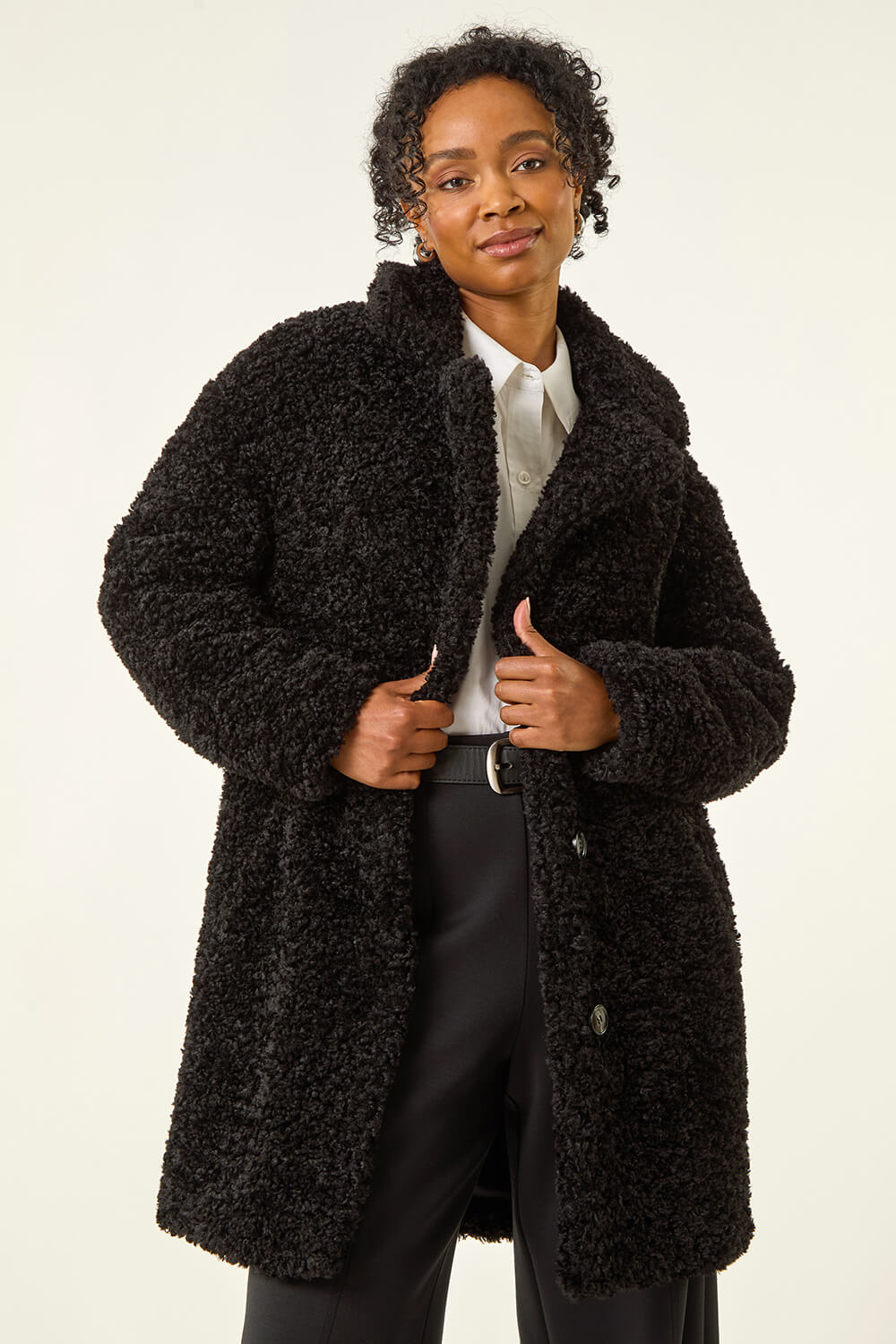 Black Petite Teddy Longline Coat, Image 4 of 5