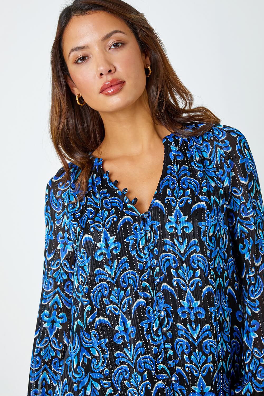 Blue Metallic Print V-Neck Chiffon Blouse, Image 5 of 5