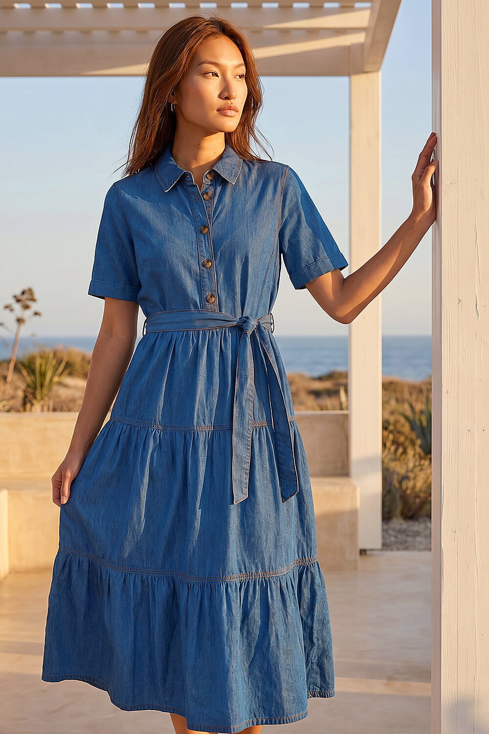 Denim Button Detail Tiered Midi Dress, Image 3 of 4