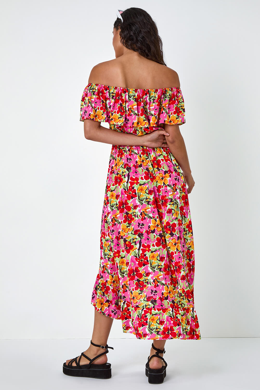 Pink Dusk Floral Print Shirred Midi Dress, Image 4 of 5