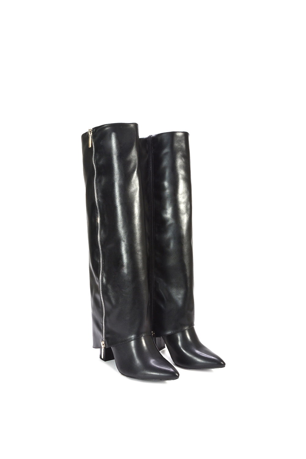 Black 'Allie' Knee High Boots Fold Over Point Toe Deco Zip, Image 3 of 6