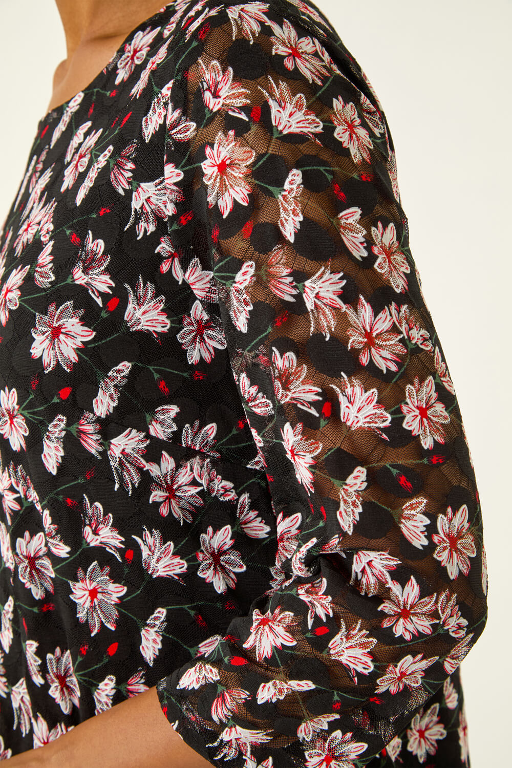 Black Floral Print Stretch Lace Top, Image 6 of 5