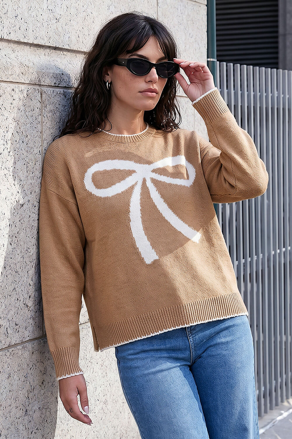 Camel Contrast Stitch Bow Knit Jumper, Image 1 of 4