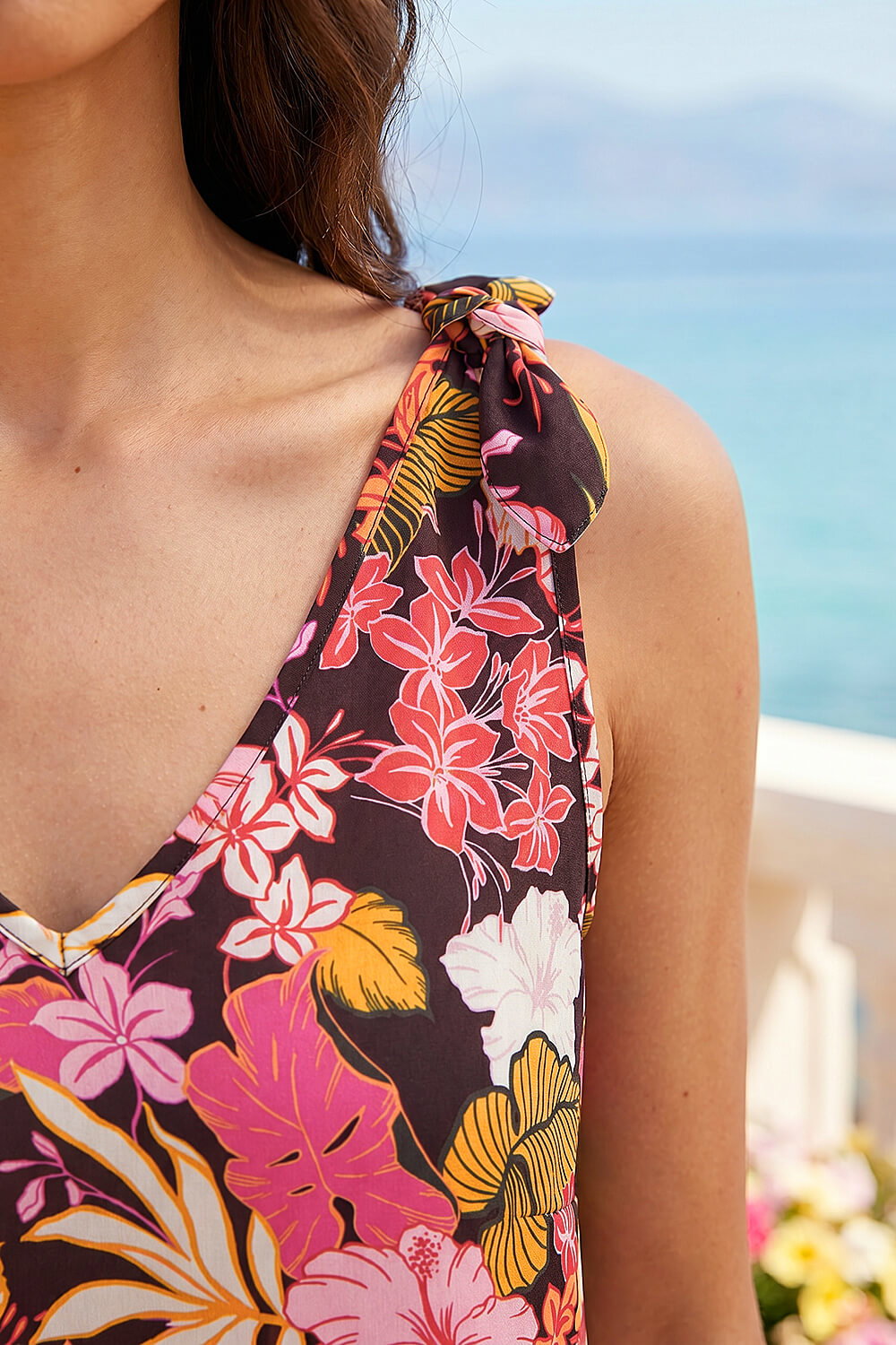 Pink Floral Print V-Neck Tie Top, Image 5 of 4