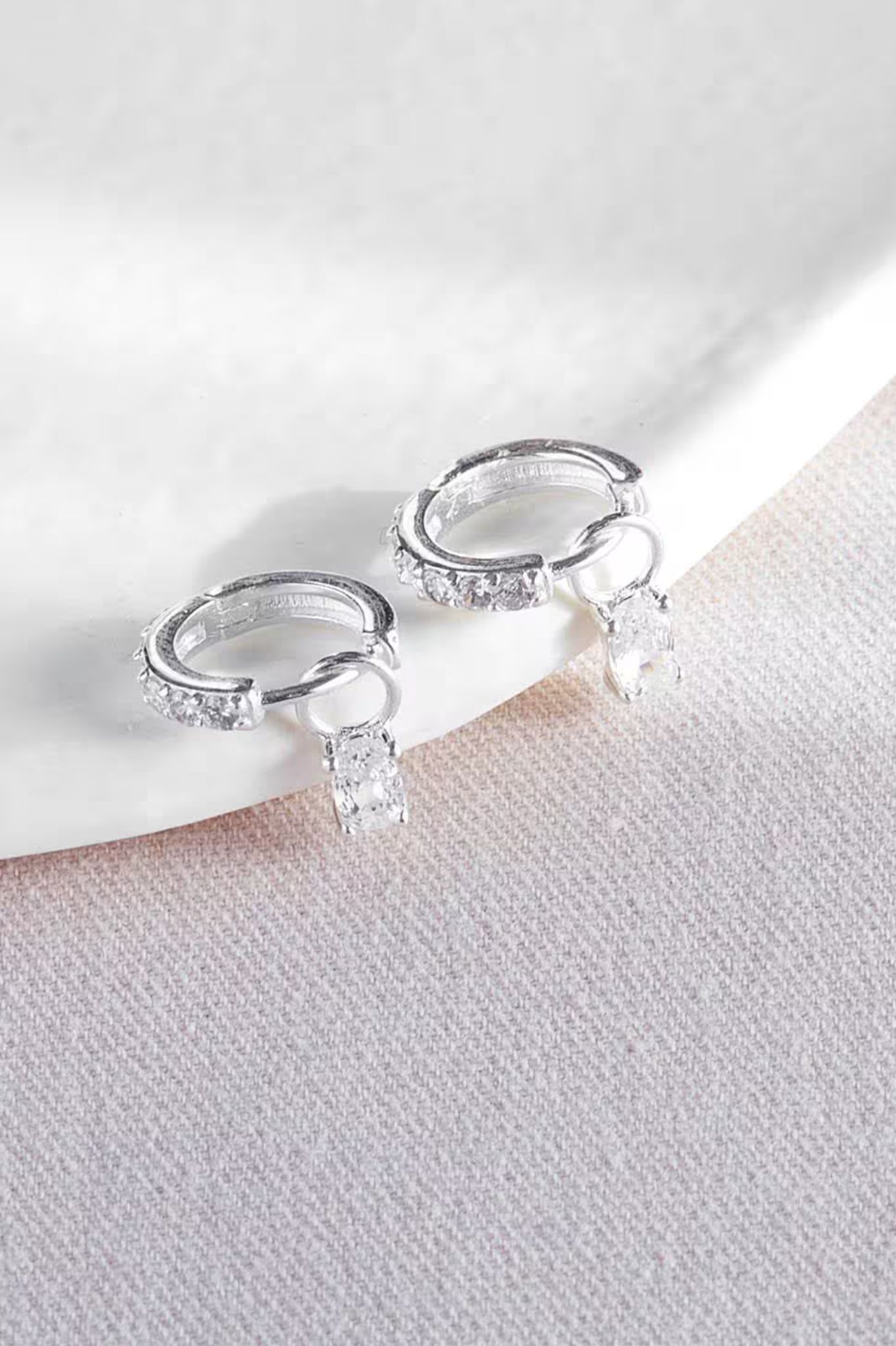 Silver Sterling Silver CZ Huggie Hoop Drop Earrings, Image 3 of 3