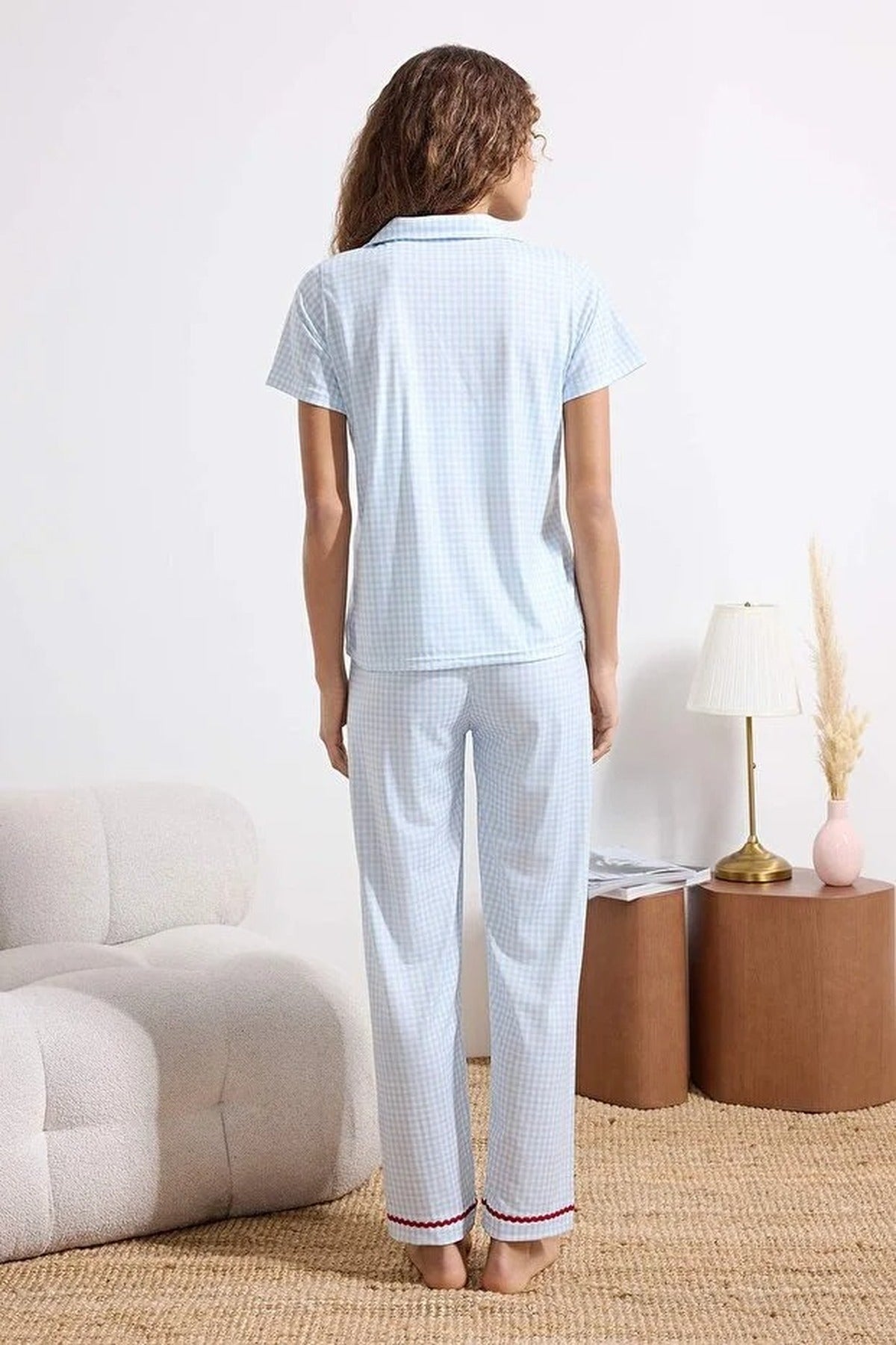 Blue 3-Piece Gingham Cherry Embroidered Cotton Pyjama Set, Image 4 of 4