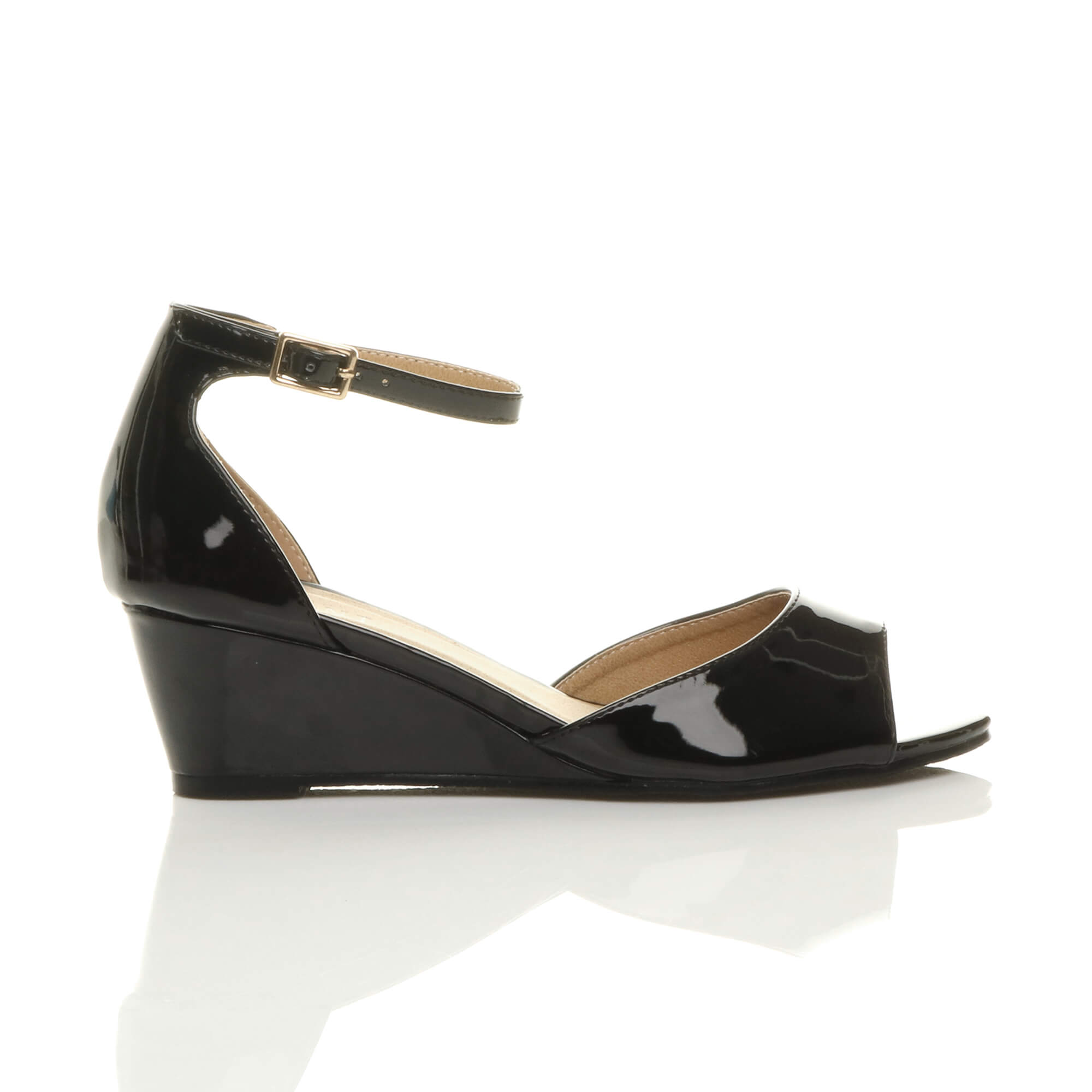 Black AJVANI Black Mid Wedge Heel Ankle Strap Sandals, Image 2 of 6