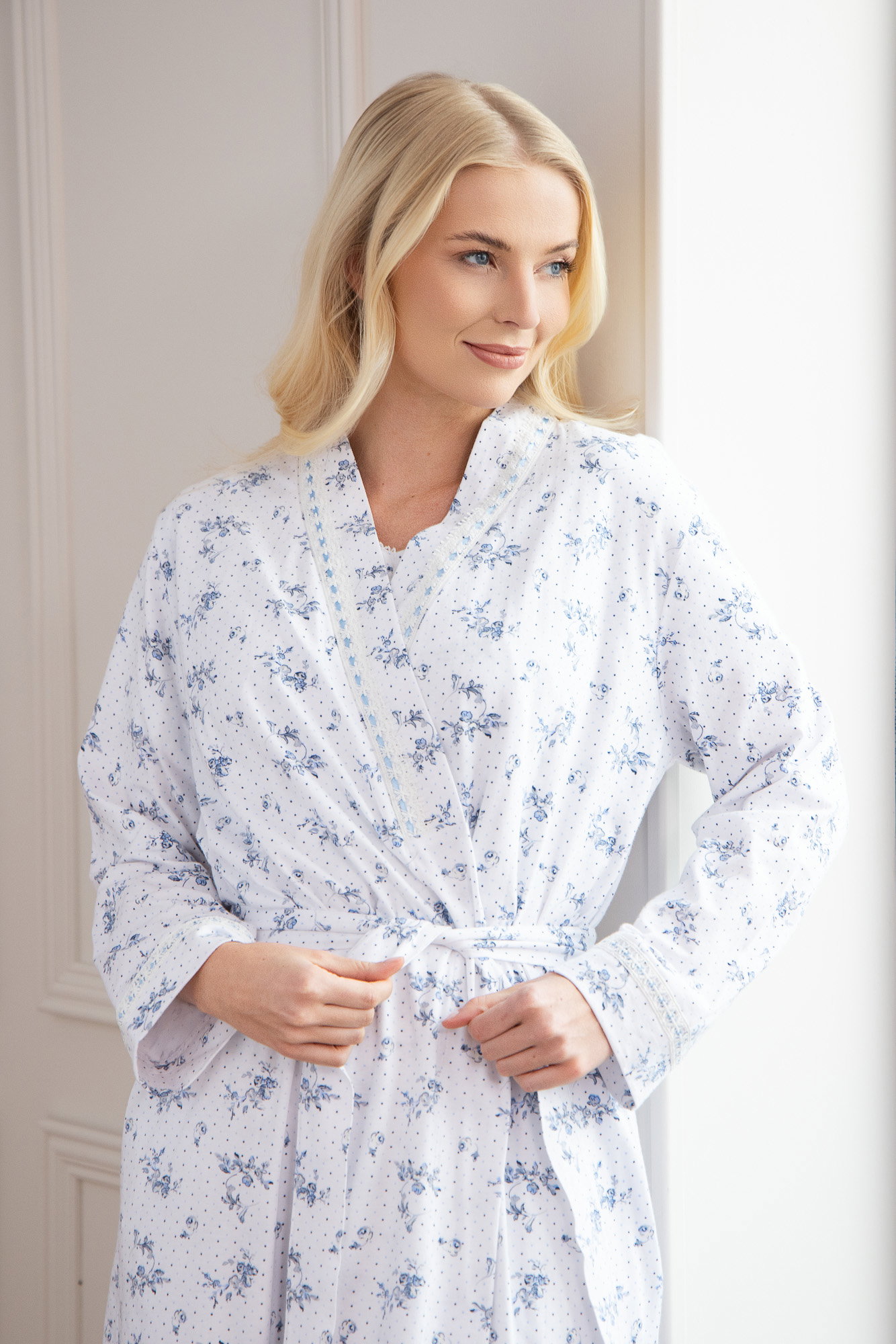 Navy Camille Lingerie Navy 100% Cotton Lightweight Porcelain Floral Wrap, Image 4 of 7