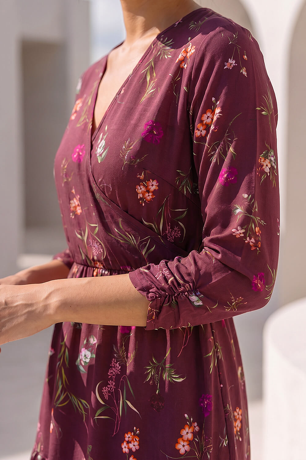 Wine Petite Floral Wrap Frill Stretch Dress , Image 6 of 5