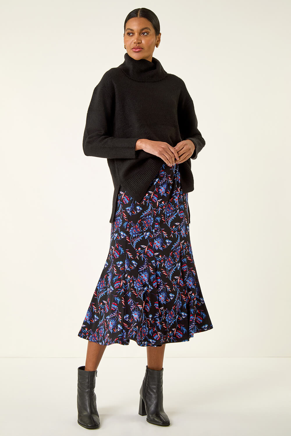 Blue Floral Stretch Midi Skirt, Image 4 of 5